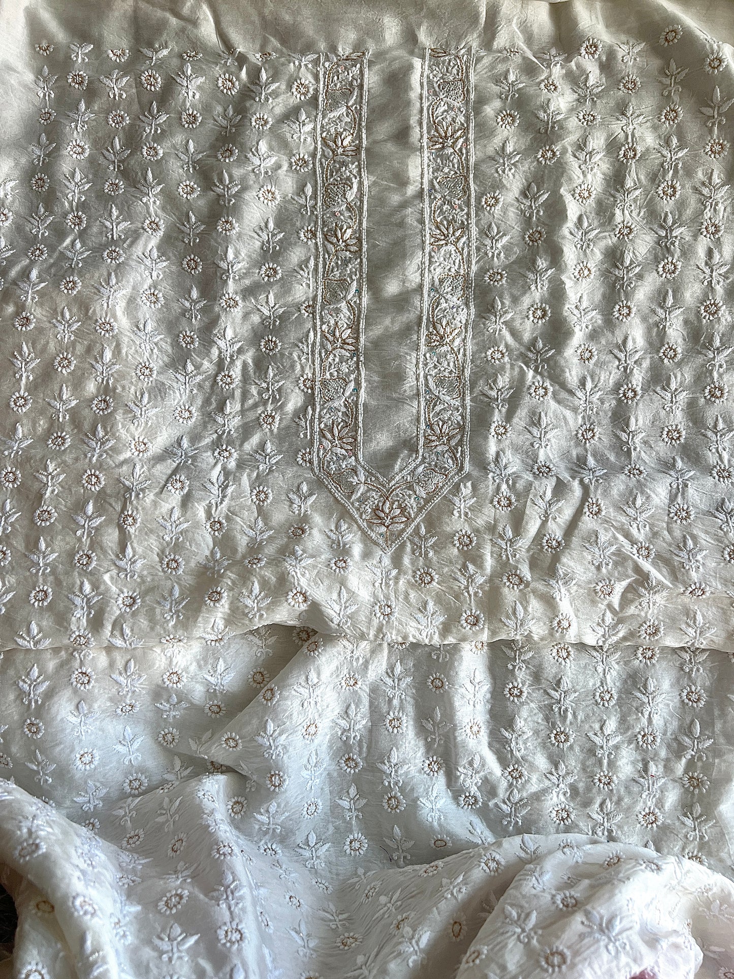 Ivory Chanderi Silk Chikankari Kurta Fabric