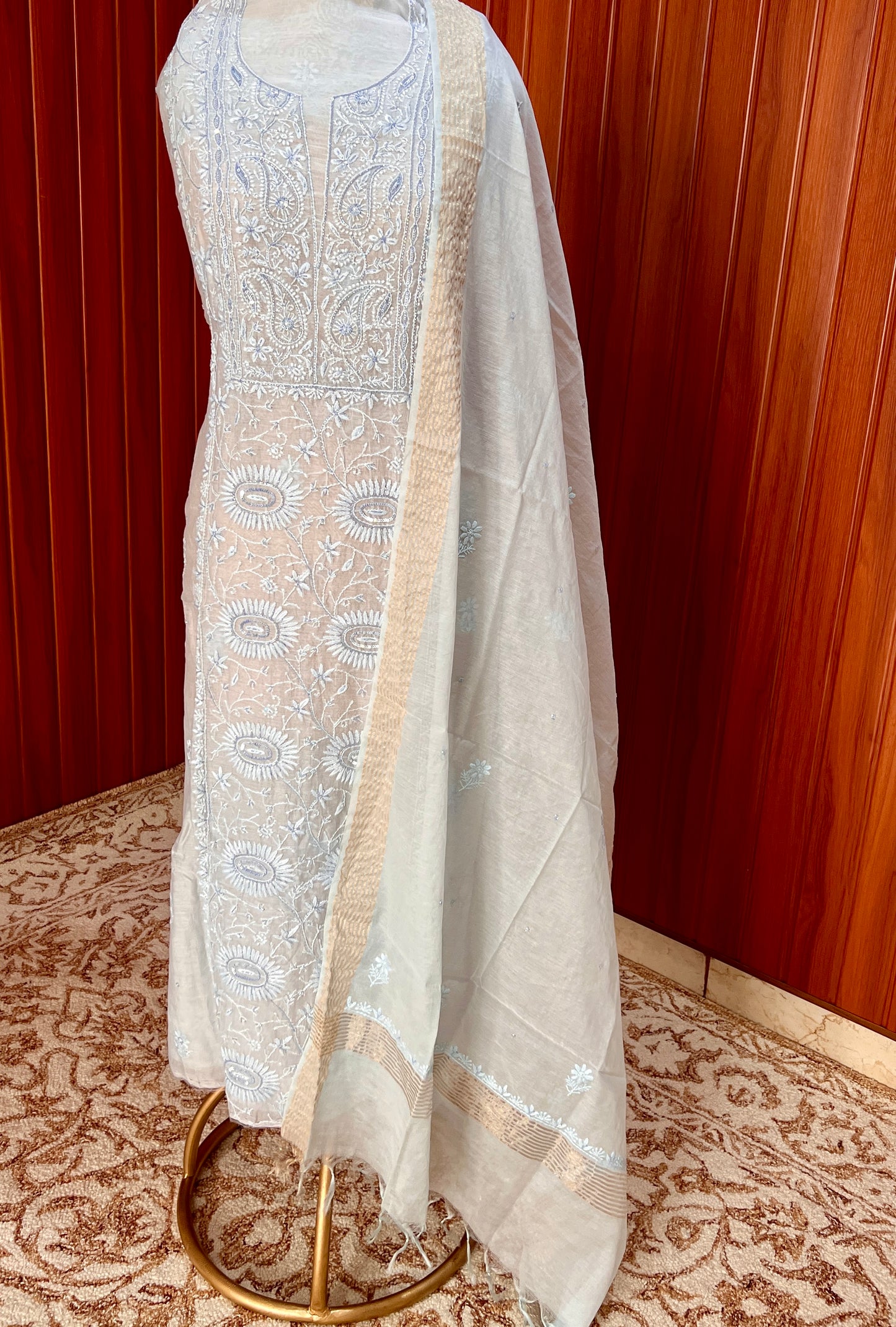 Light Blue Mul chanderi Chikankari embroidered kurta and dupatta