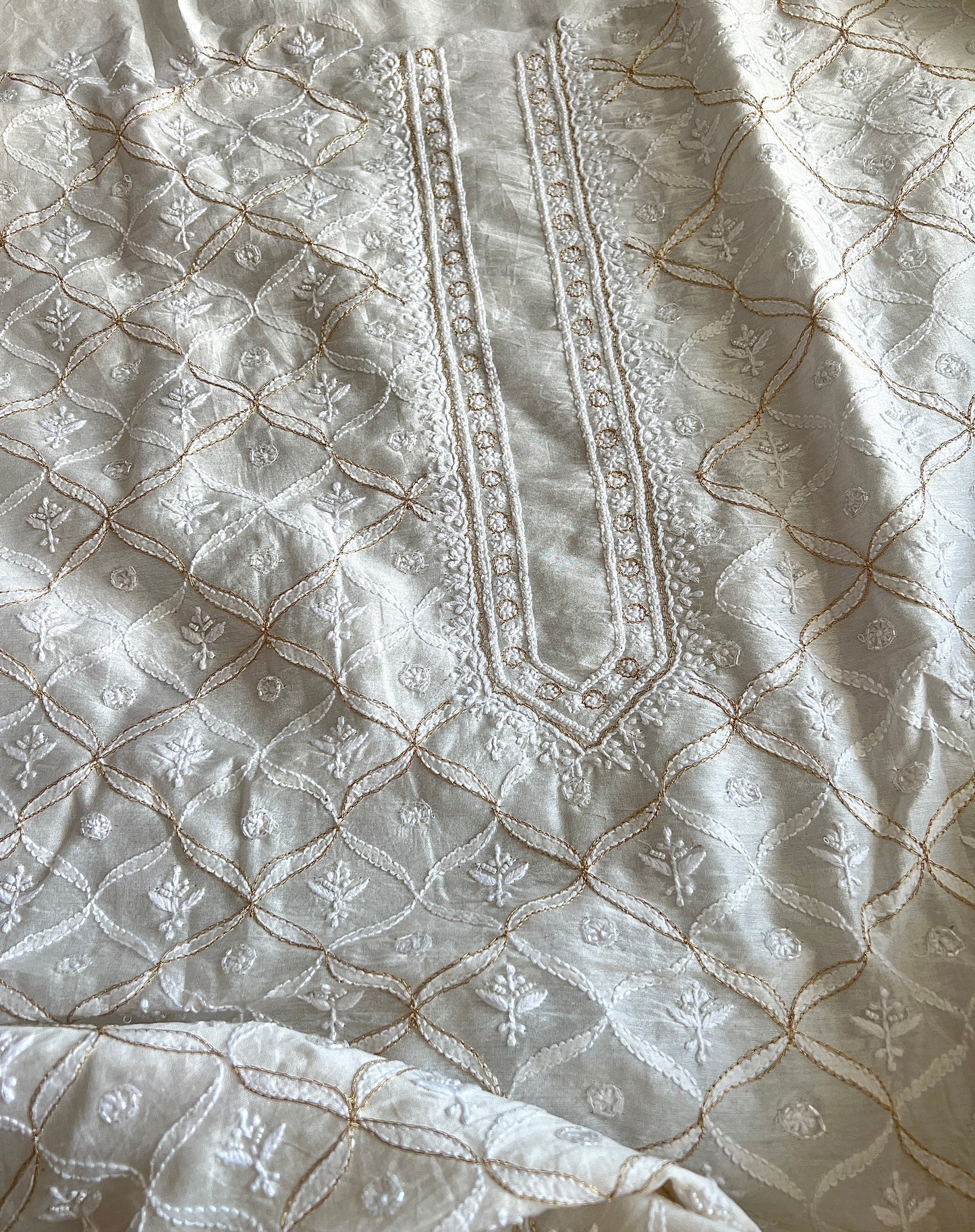 Ivory Chanderi Silk Chikankari Kurta Fabric