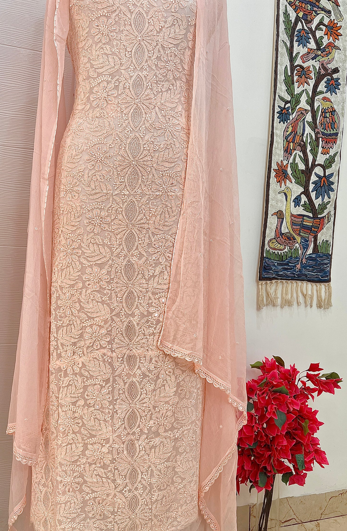 Pretty Peach Chikankari Sequins and Cut Dana Kurta and Dupatta