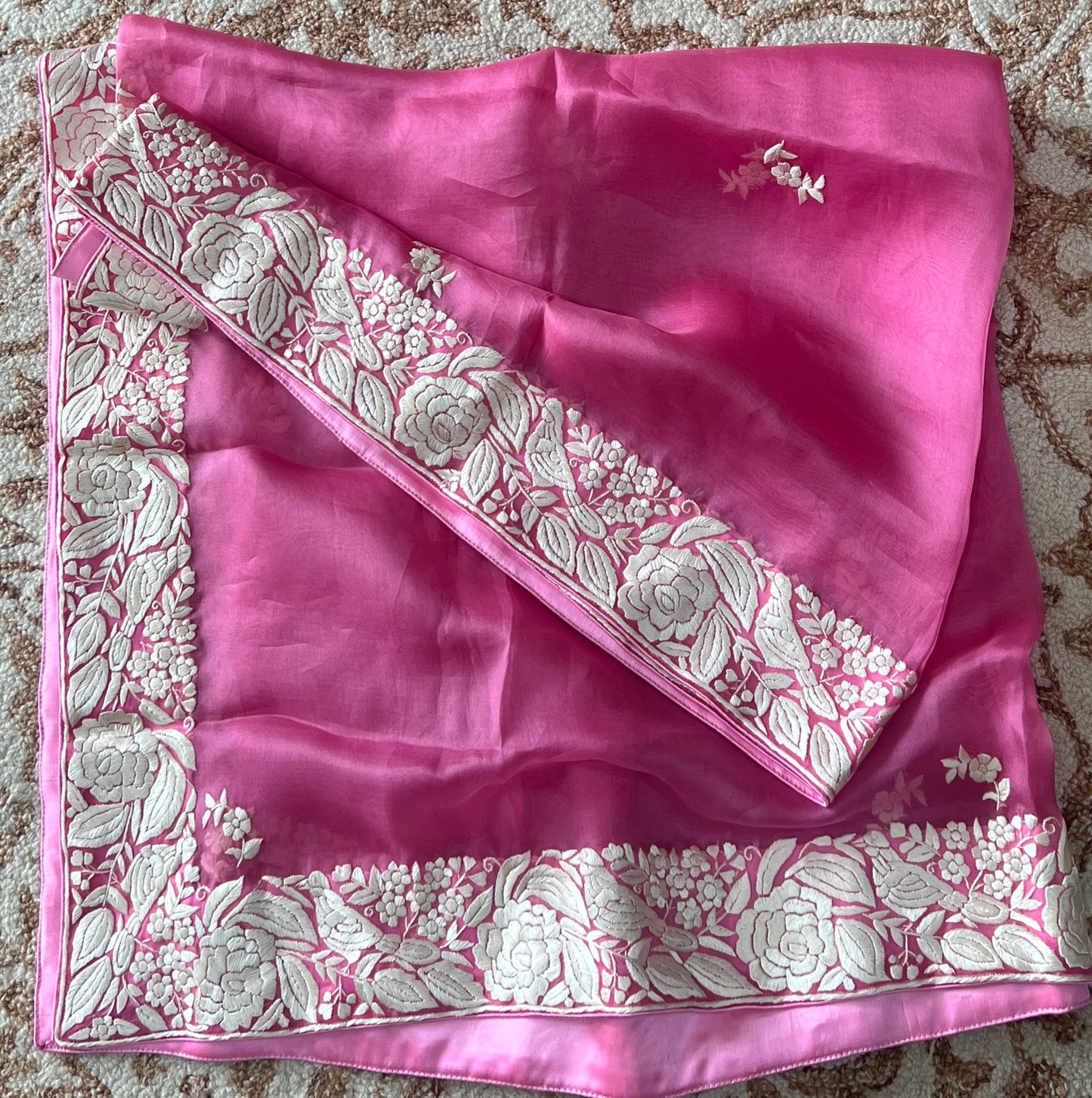 Rose Pink Organza Dupatta with Parsi Gara Hand Embroidery