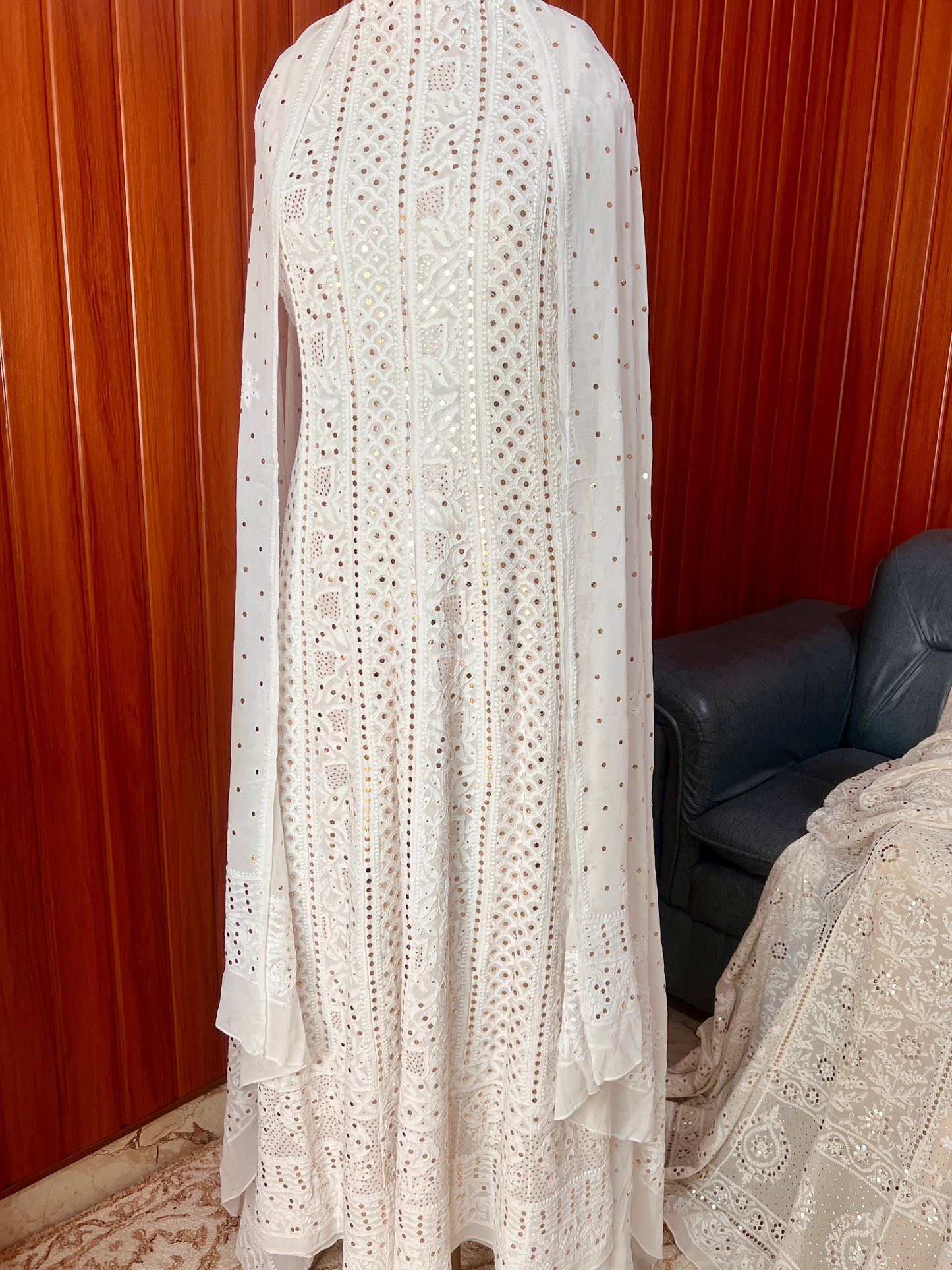 White allover Chikankari and mukaish anarkali with dupatta