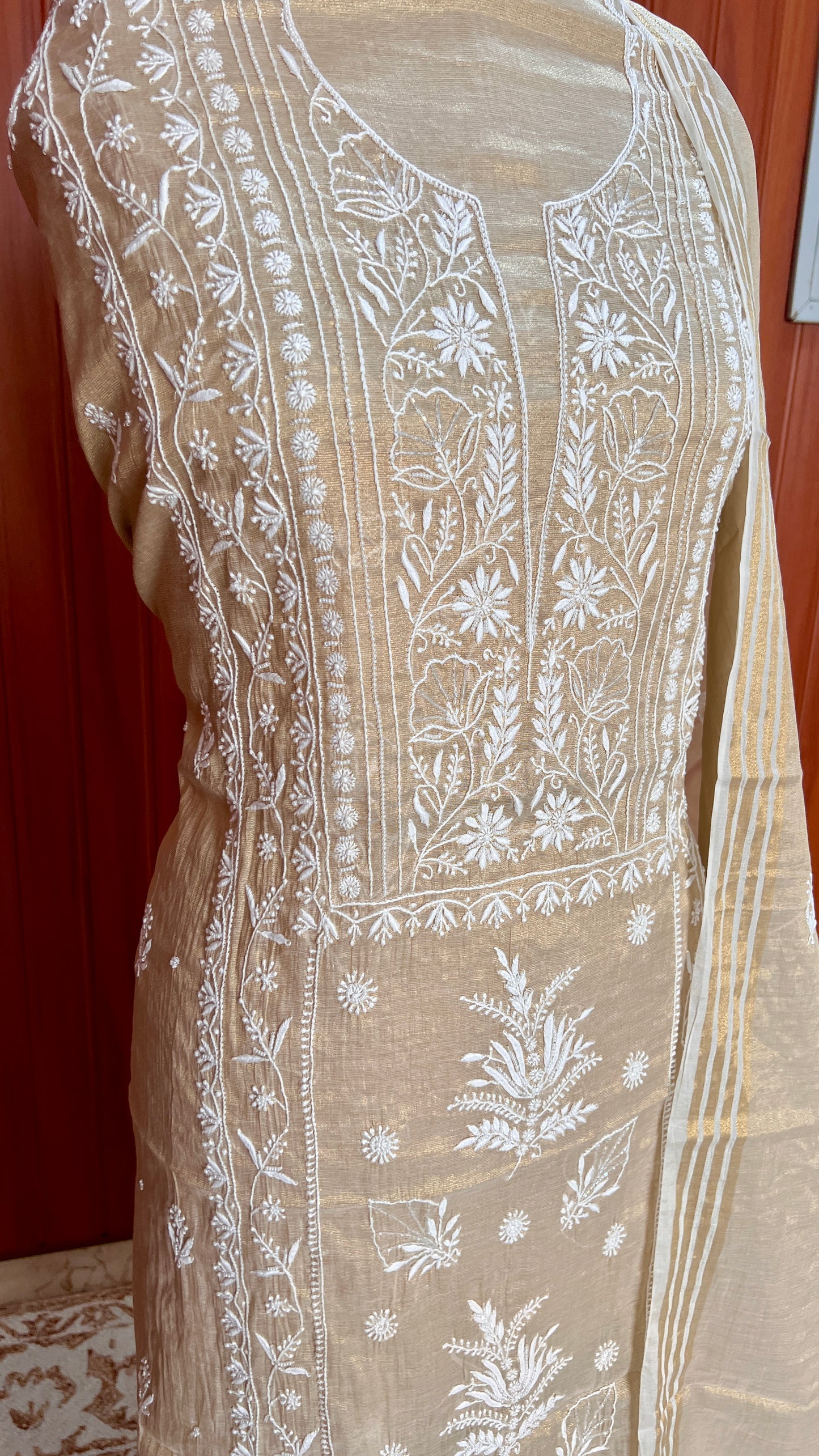 Tissue chanderi silk Chikankari and pearl embroidered kurta and dupatta