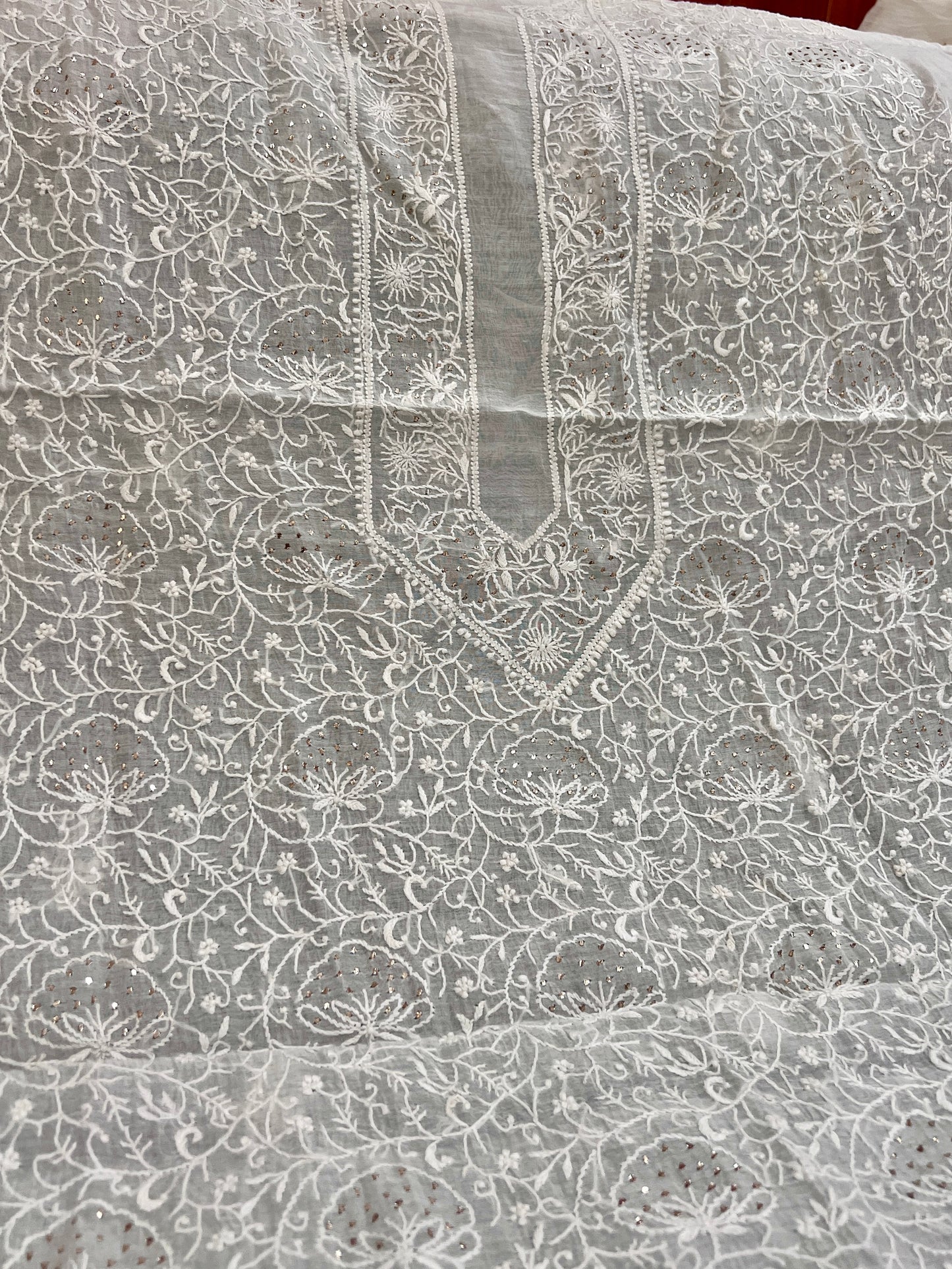 Ivory Chanderi Silk Fine Chikankari Kurta Fabric