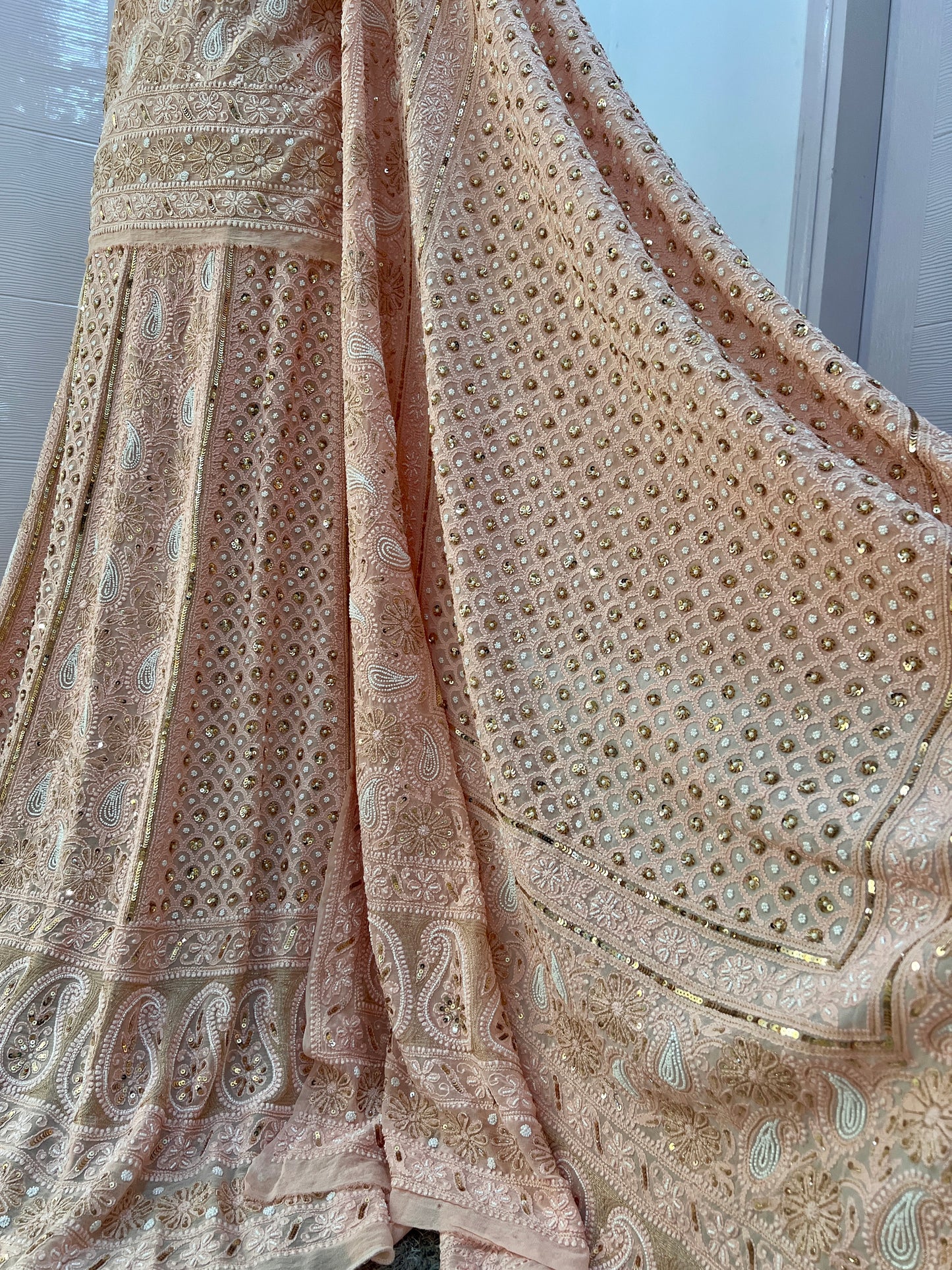 Ruhani Rose Gold Champagne Chikankari pearl and sequins wedding lehenga