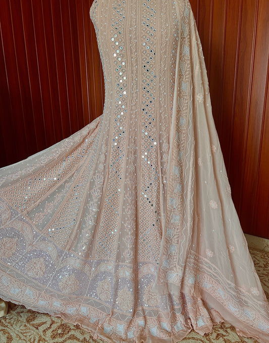 Ruhani Soft Peach fine Chikankari Mirror Pearl Sequins Anarkali