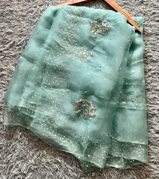 Sage Green Pure Organza Saree with Badla and Mukaish Work