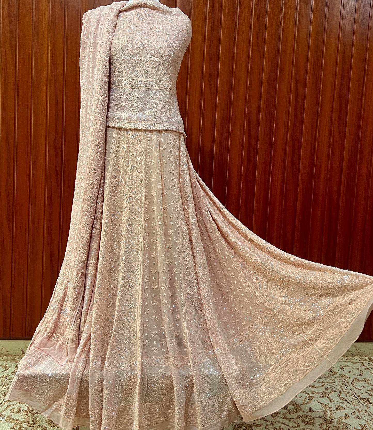 Ruhani Old Rose Chikankari Cut Dana Pearl Sequins Lehenga