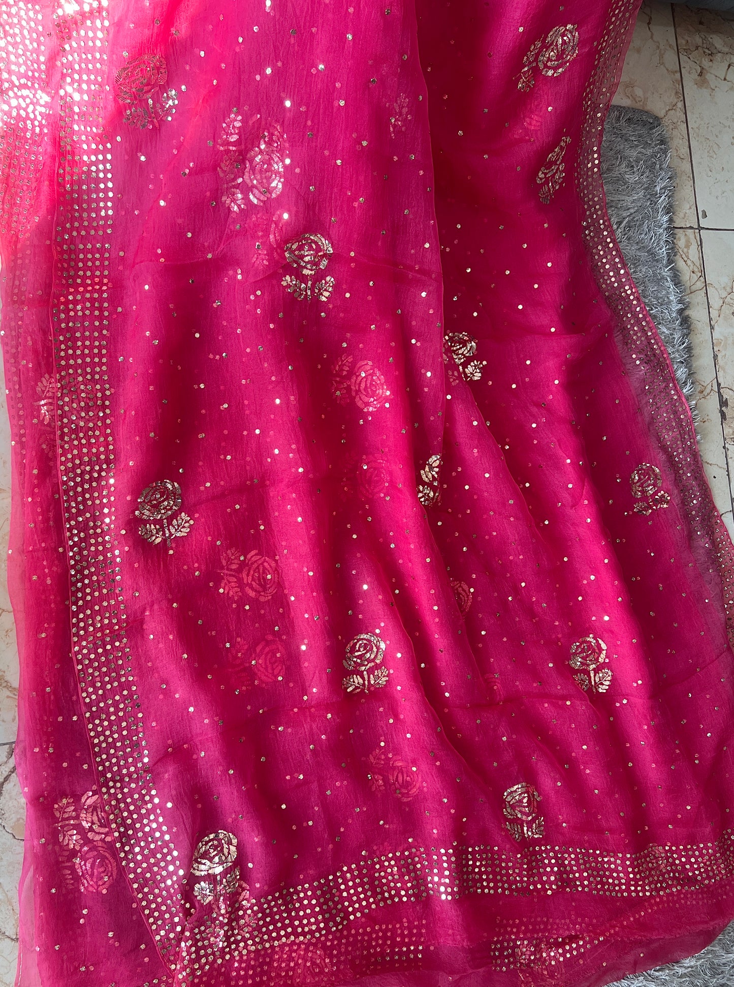 Hot Pink Pure Organza Saree with Badla and Mukaish Work