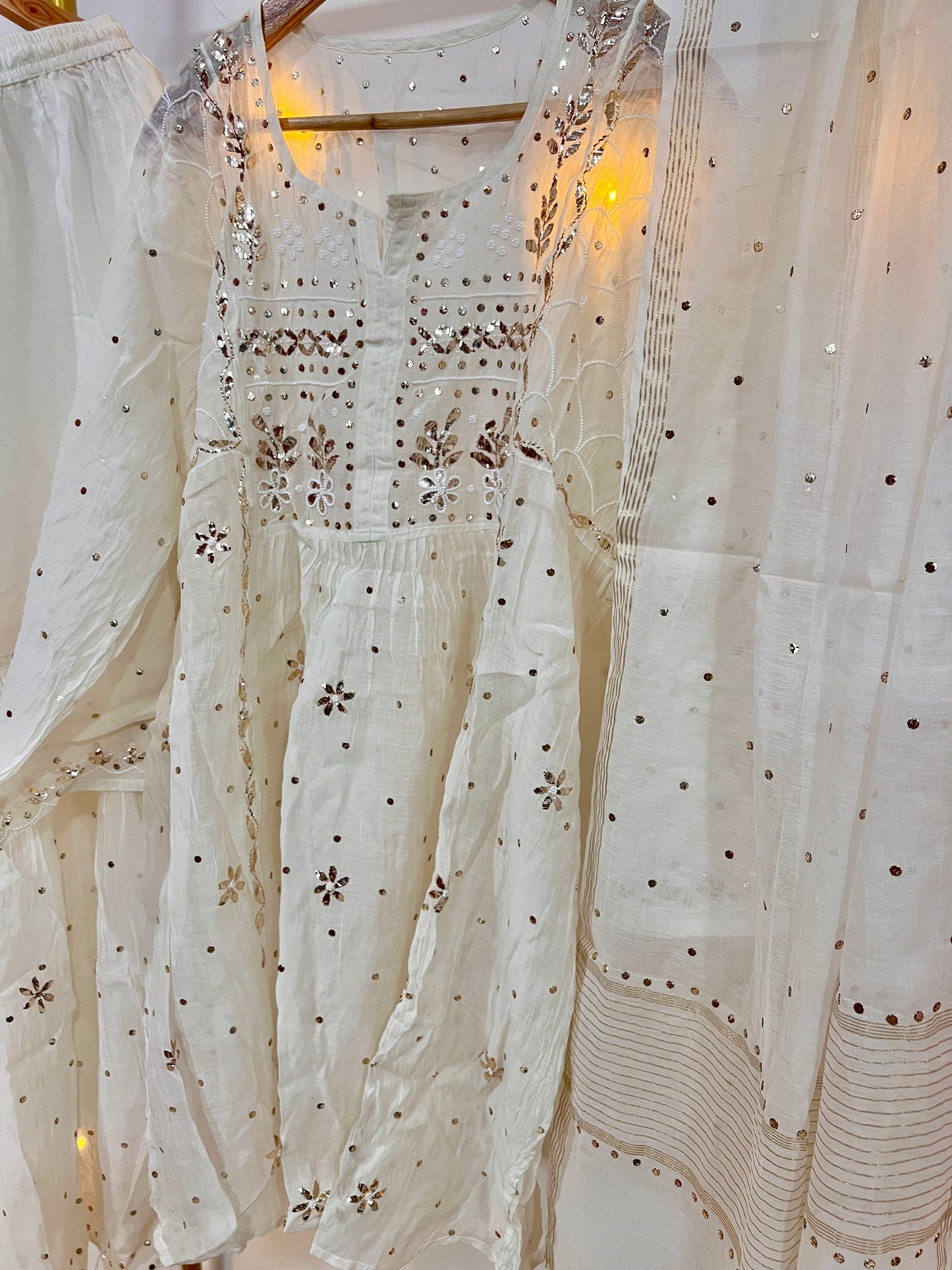 Ivory Badla Mukaish and pearl work Mul Chanderi Sharara Suit