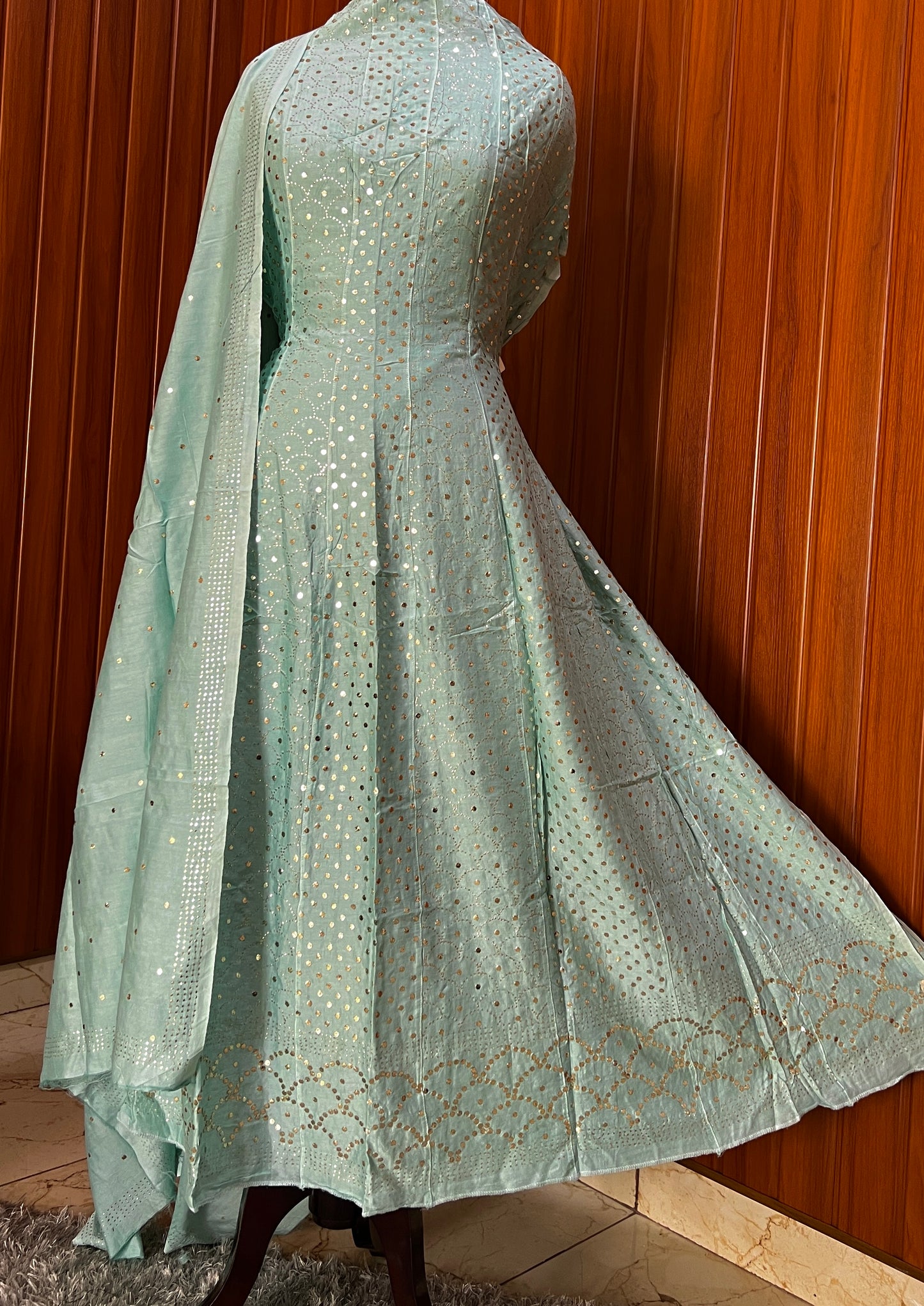 Sage Green Allover Heavy Mukaish Chanderi Silk Anarkali with Dupatta