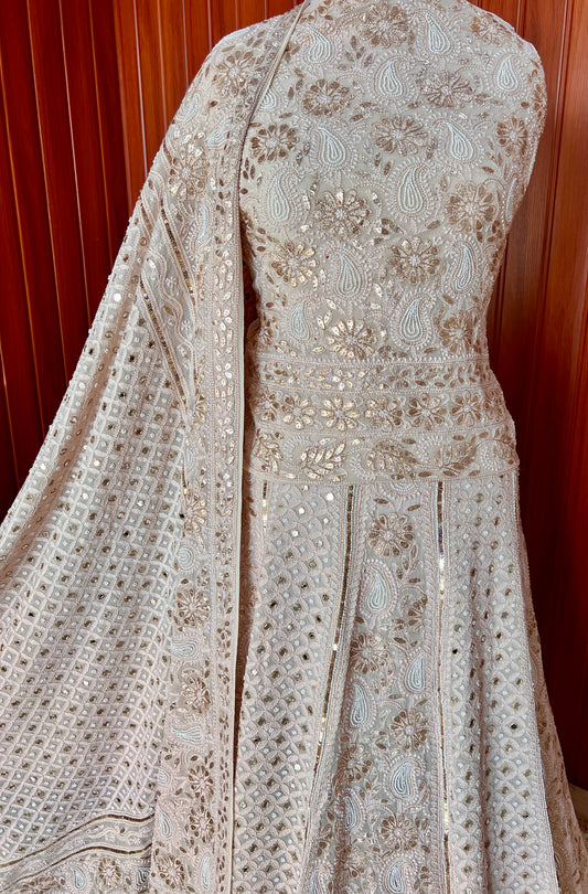 Nude Beige Ruhani chikankari mirror pearl and sequins wedding lehenga