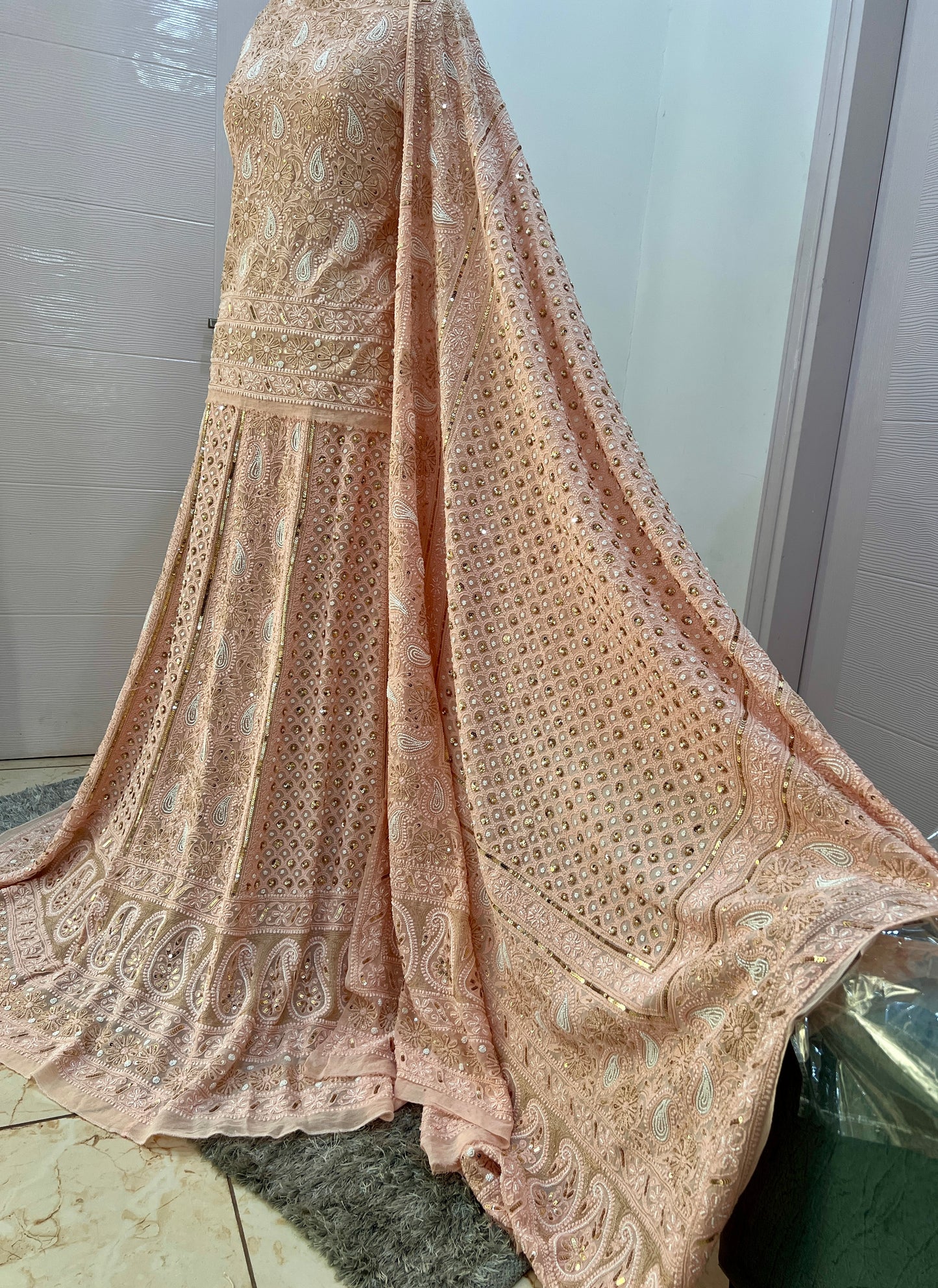 Ruhani Rose Gold Champagne Chikankari pearl and sequins wedding lehenga