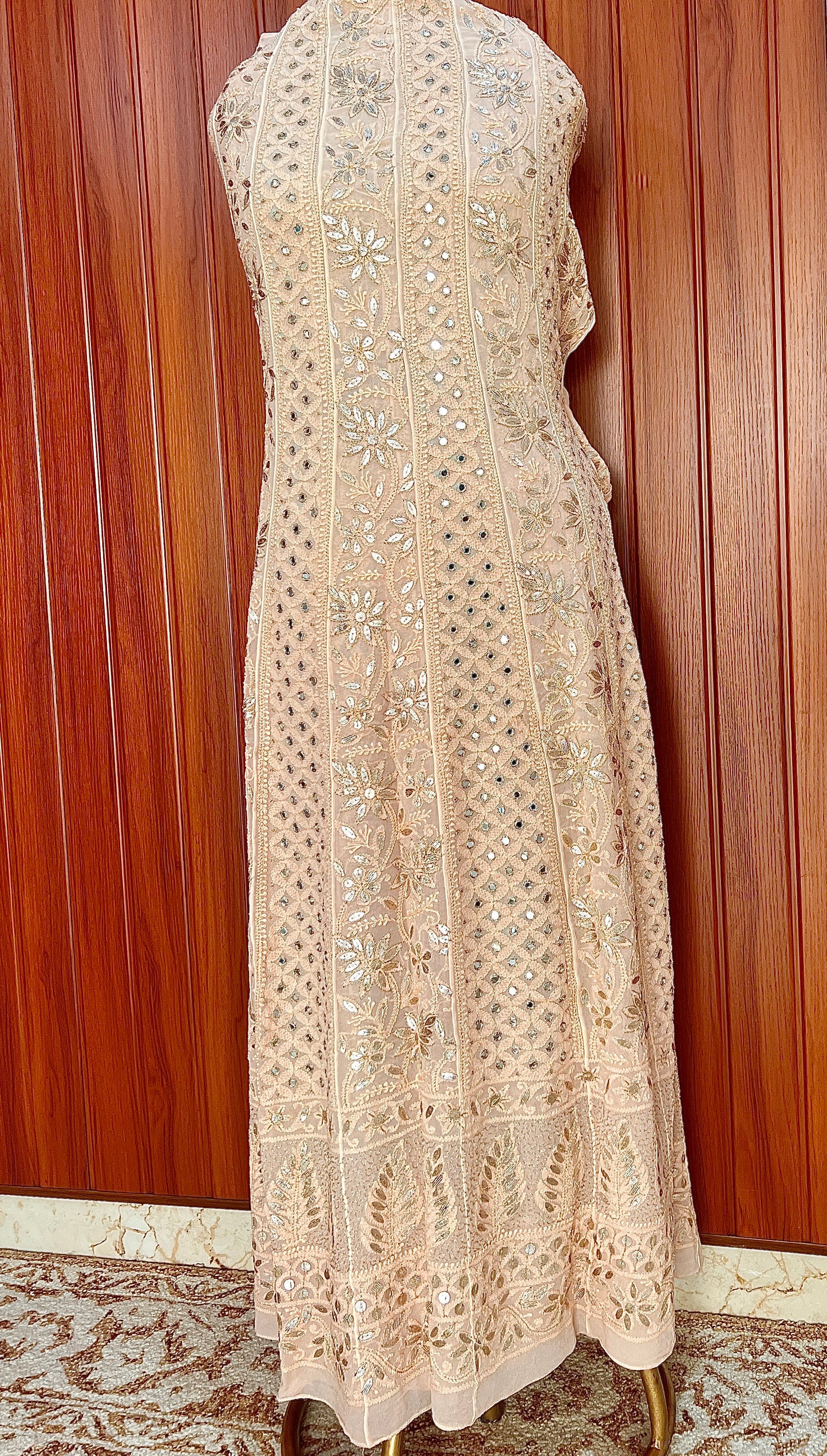 Golden Beige Chikankari Mirror Gota Patti Anarkali with Dupattae