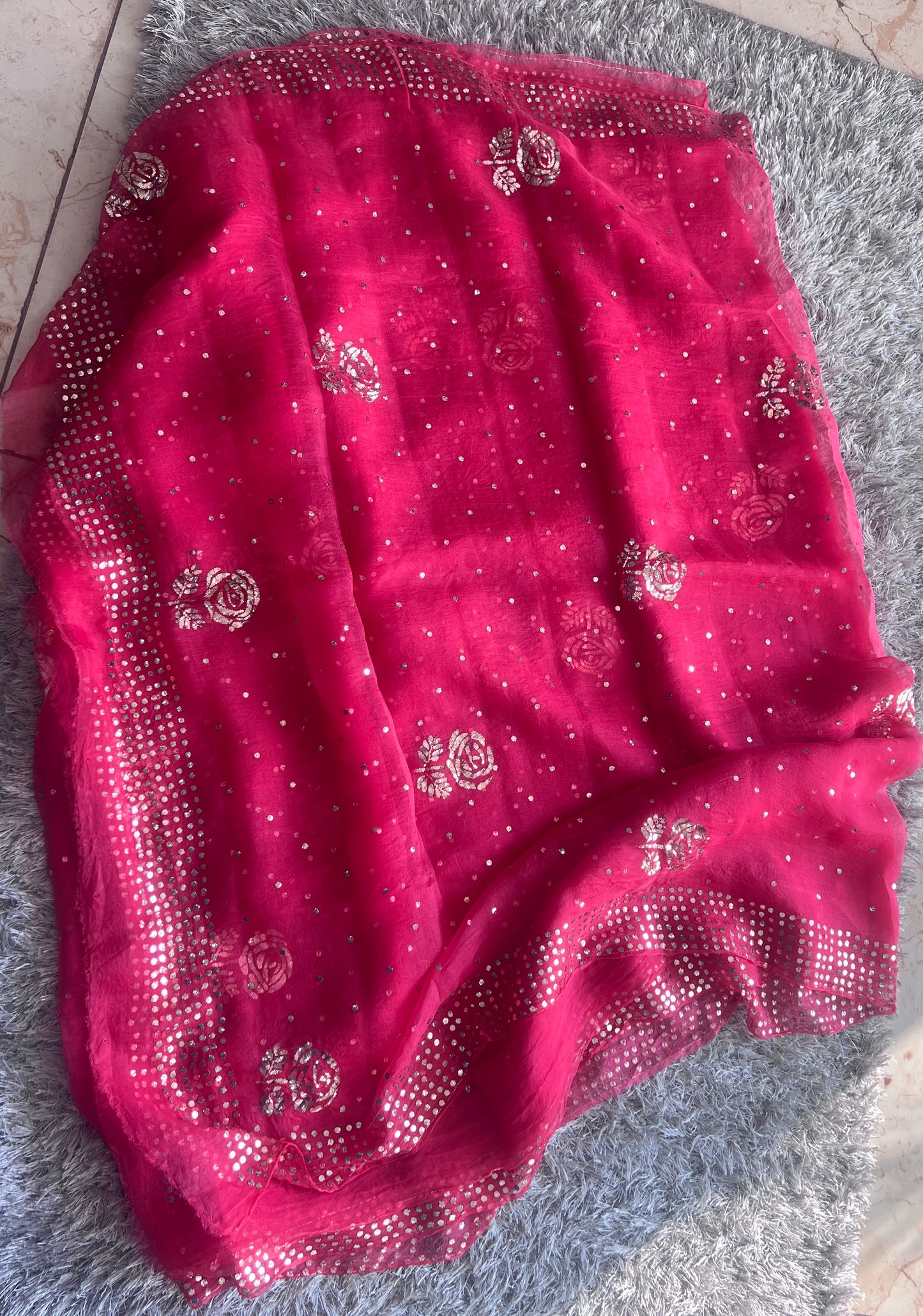 Hot Pink Pure Organza Saree with Badla and Mukaish Work