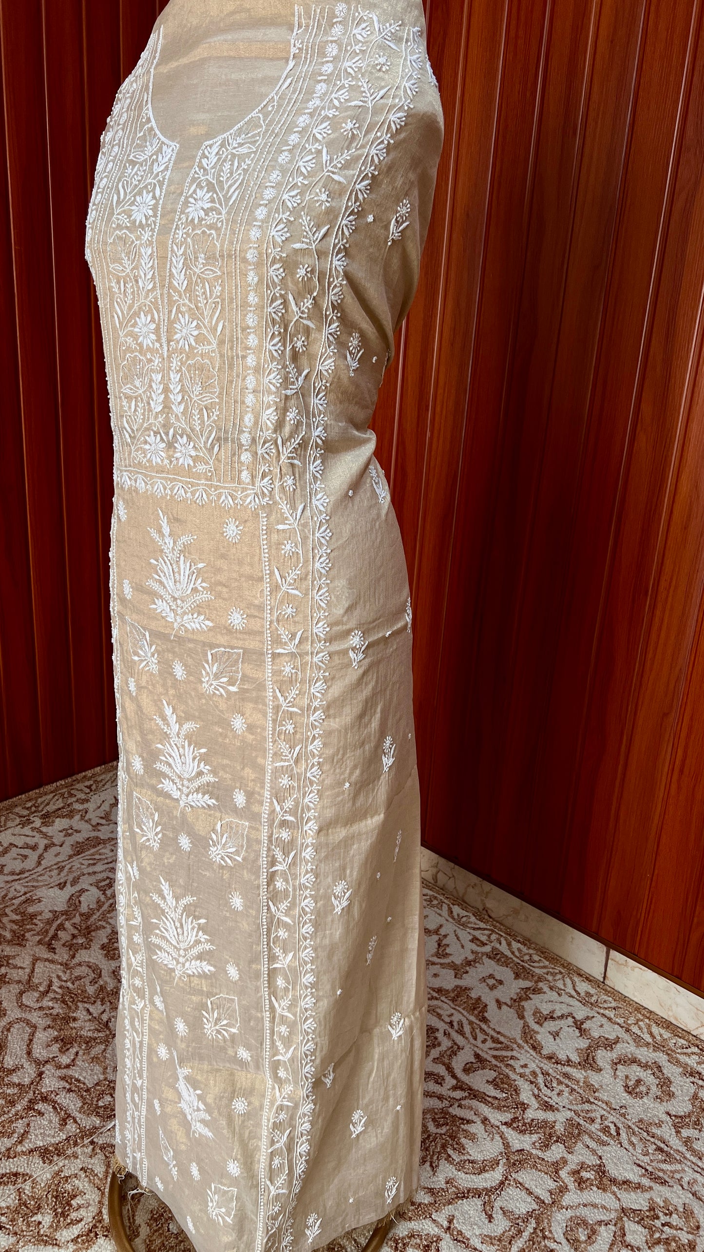 Tissue chanderi silk Chikankari and pearl embroidered kurta and dupatta