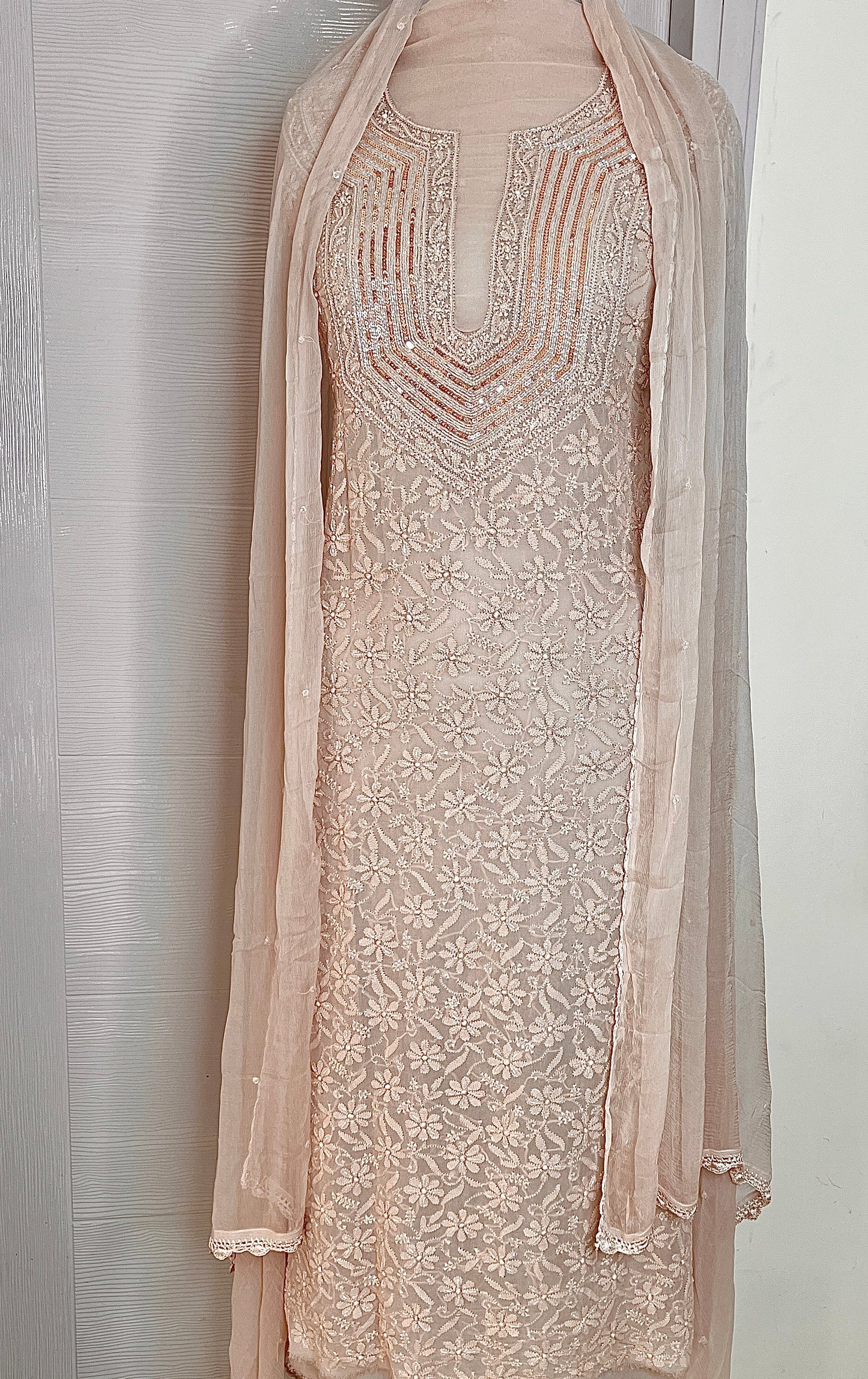 Dusty Pink Chikankari Sequins and Cut Dana Kurta and Dupatta