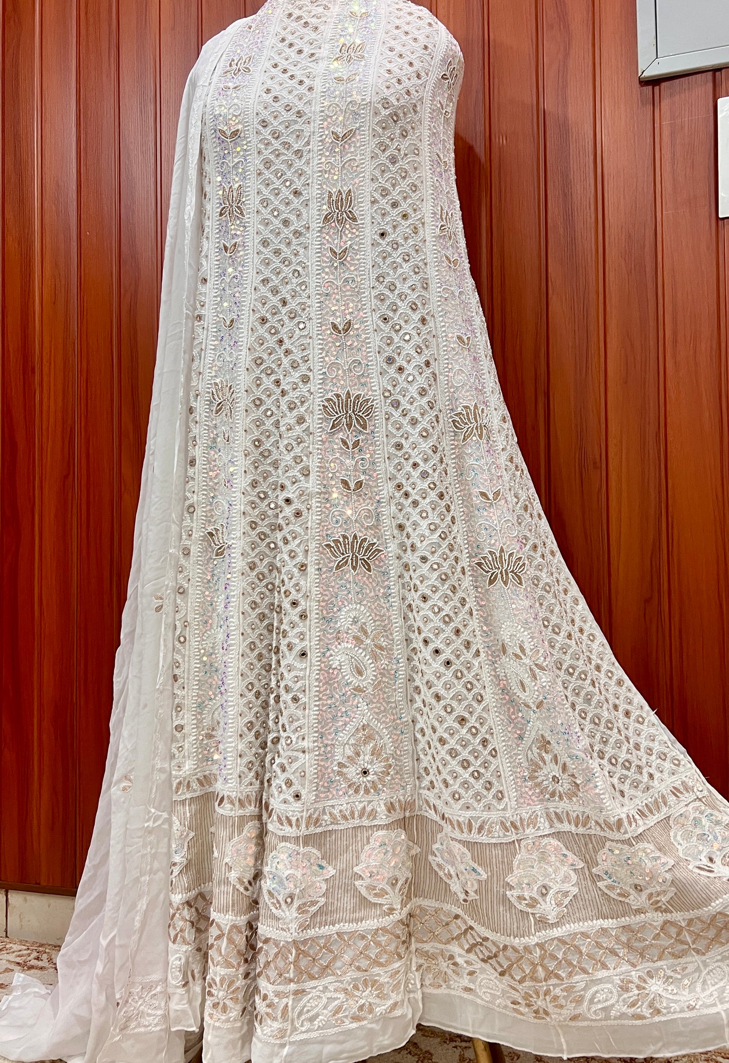 White Chikankari Mirror Pearl Sequins Anarkali with Dupatta