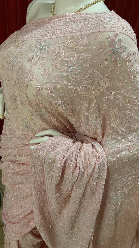 Ruhani Blush Pink Chikankari Cut Dana Pearl and Sequins Masterpiece Saree
