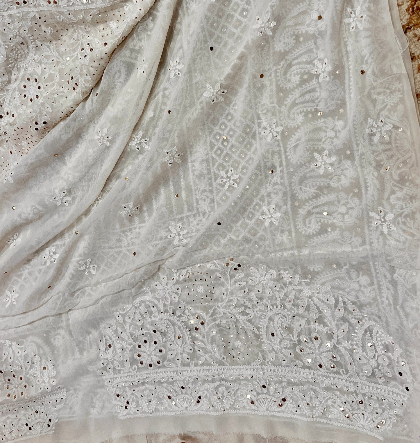 Ivory Ruhani Allover Chikankari and Mukaish Saree