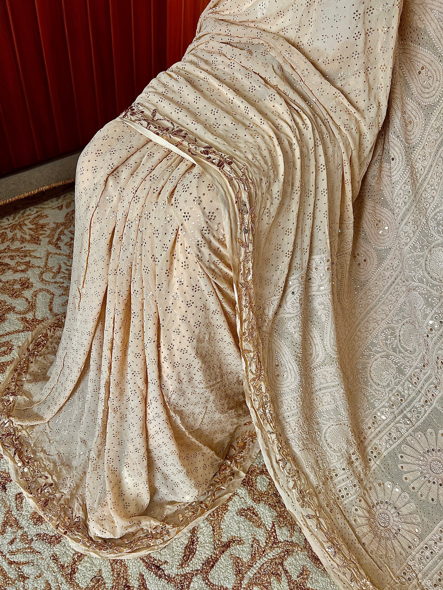 Ruhani Golden Beige Badla Mukaish and chikankari Pure Georgette Saree