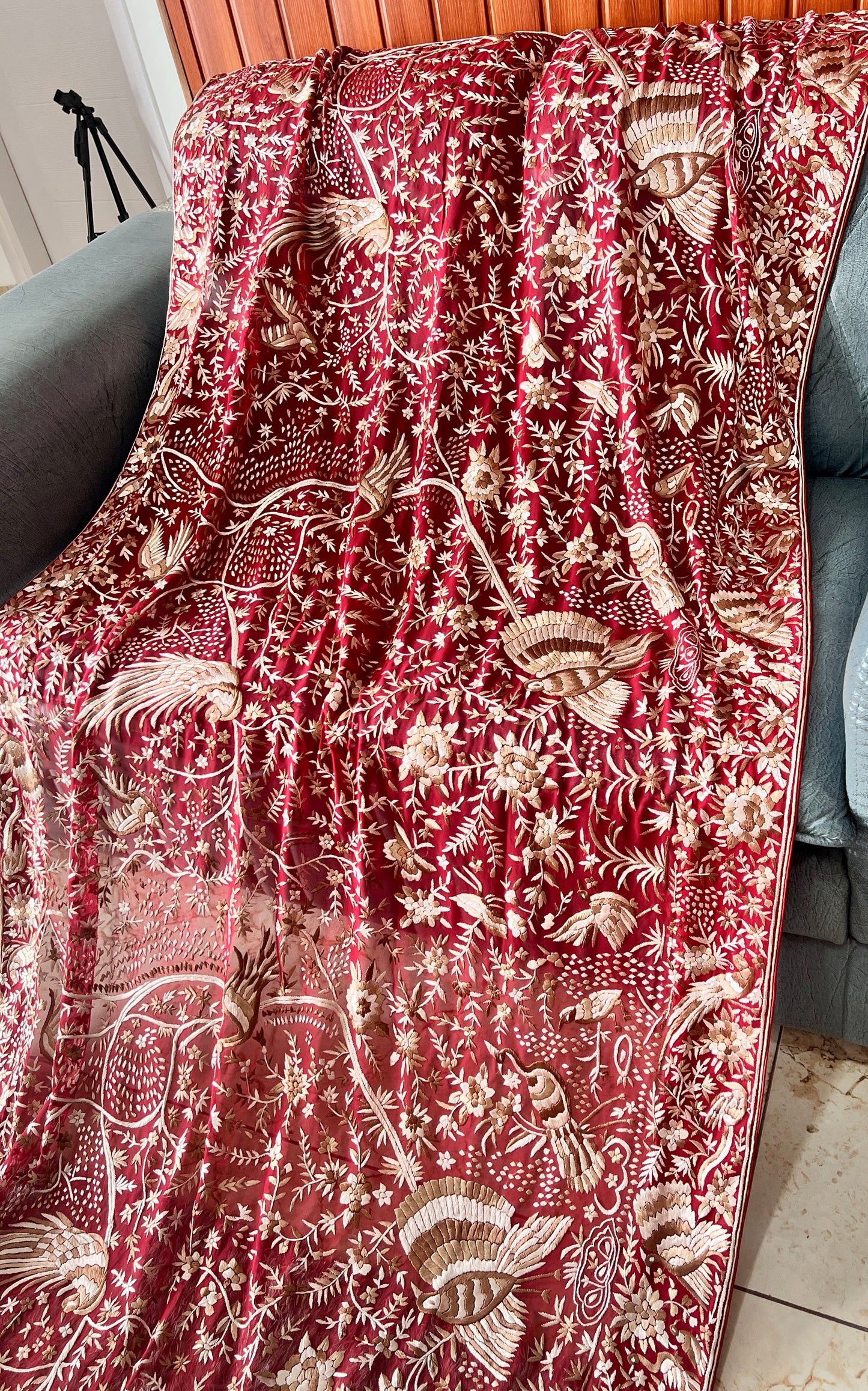 Deep Red Heritage Parsi Gara Dupatta Hand Embroidered