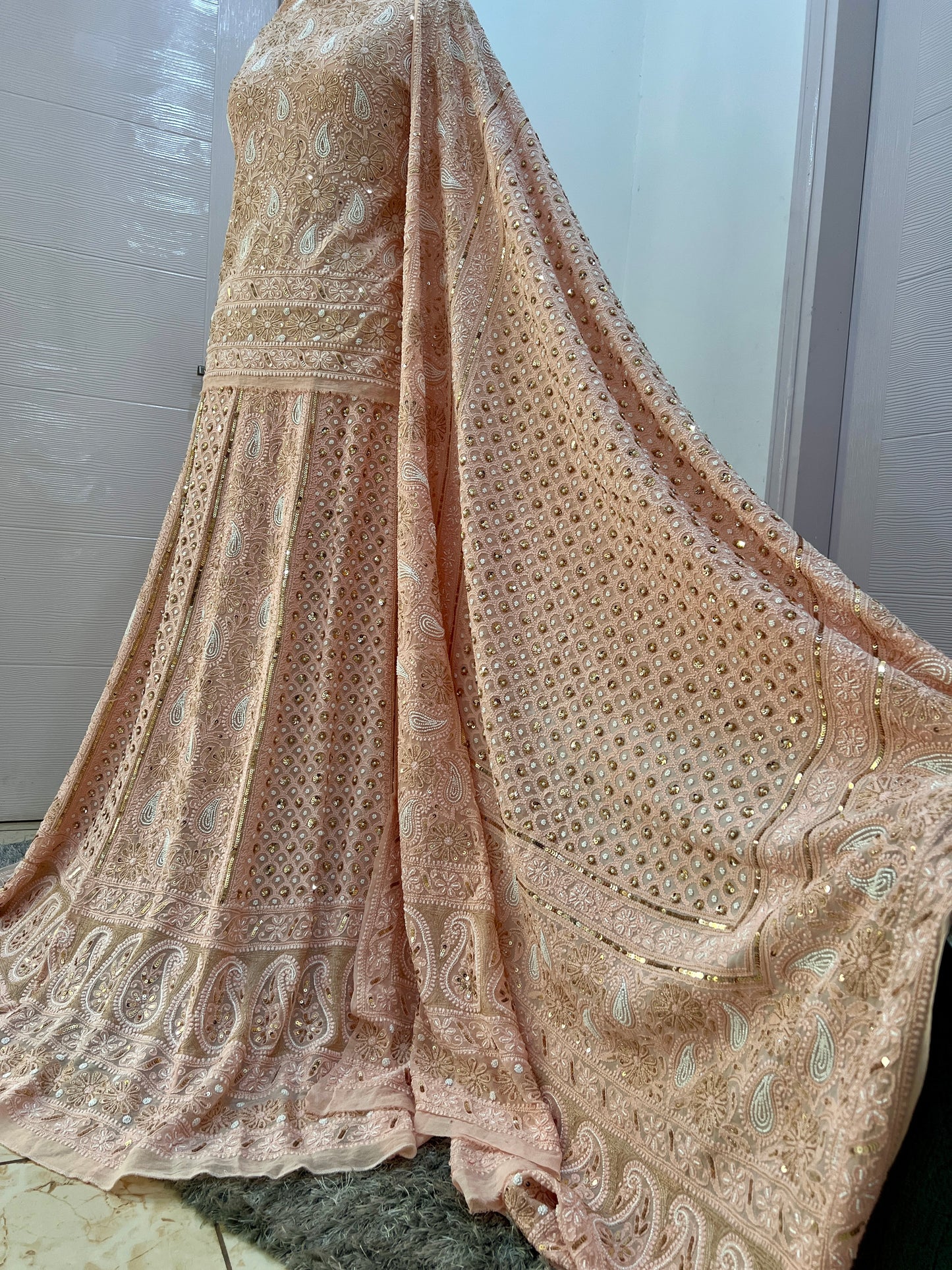 Ruhani Rose Gold Champagne Chikankari pearl and sequins wedding lehenga