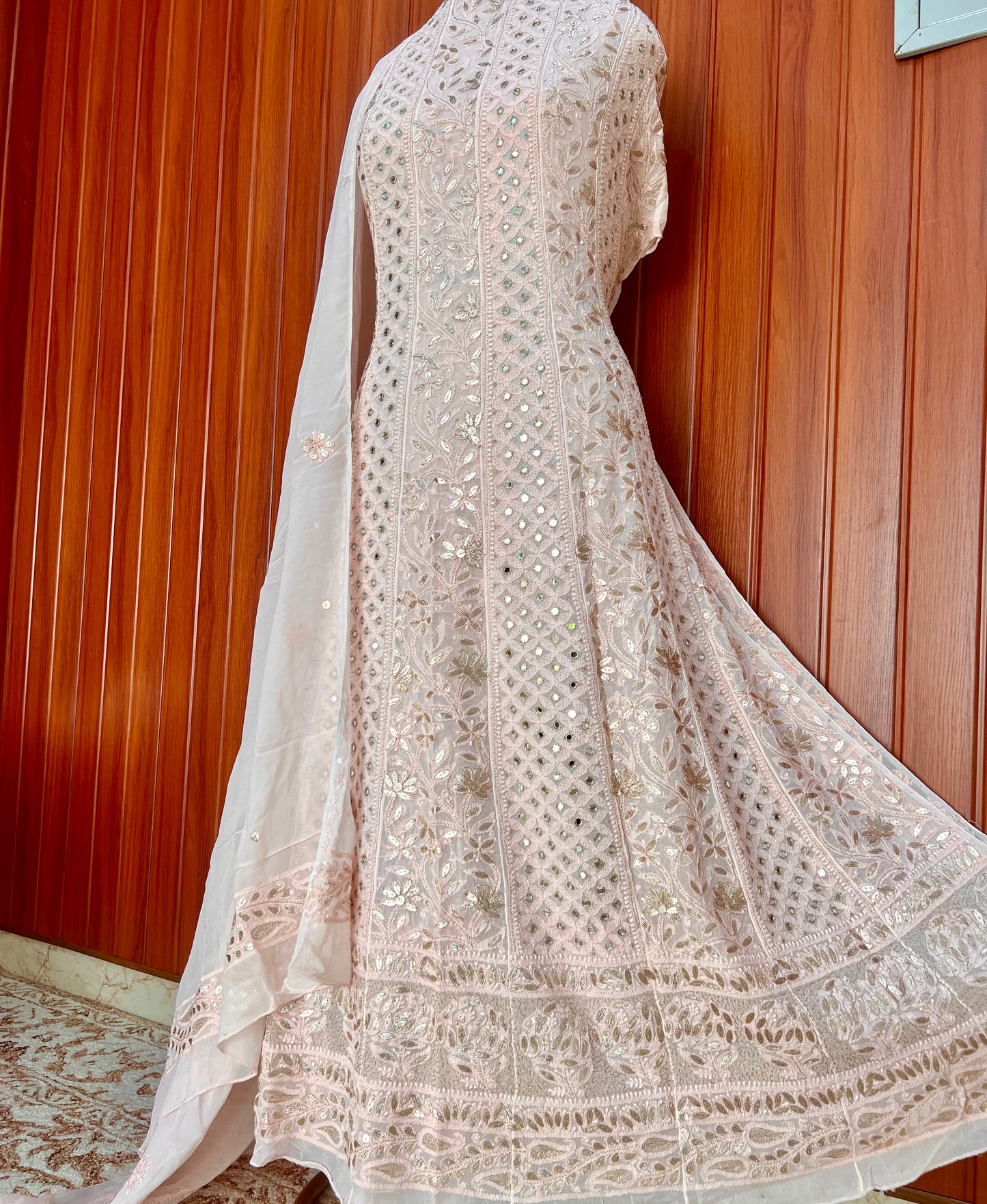 Blush Pink Chikankari Mirror Gota Patti Anarkali with Dupatta