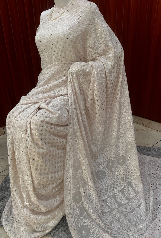 Ivory Pink Ruhani Allover Chikankari and Mukaish Saree