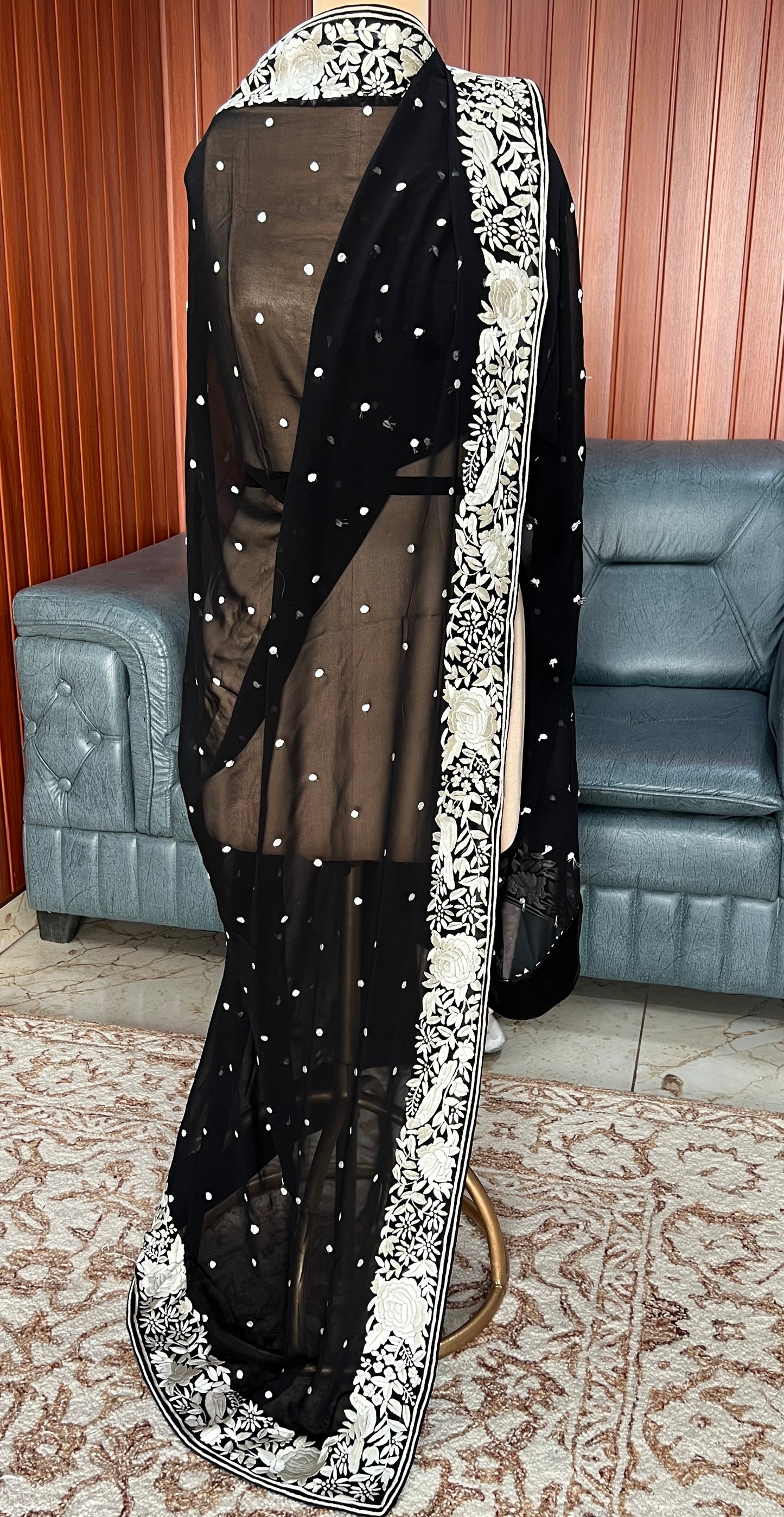 Black and Ivory Pure Georgette Dupatta With Parsi Gara Hand Embroidery