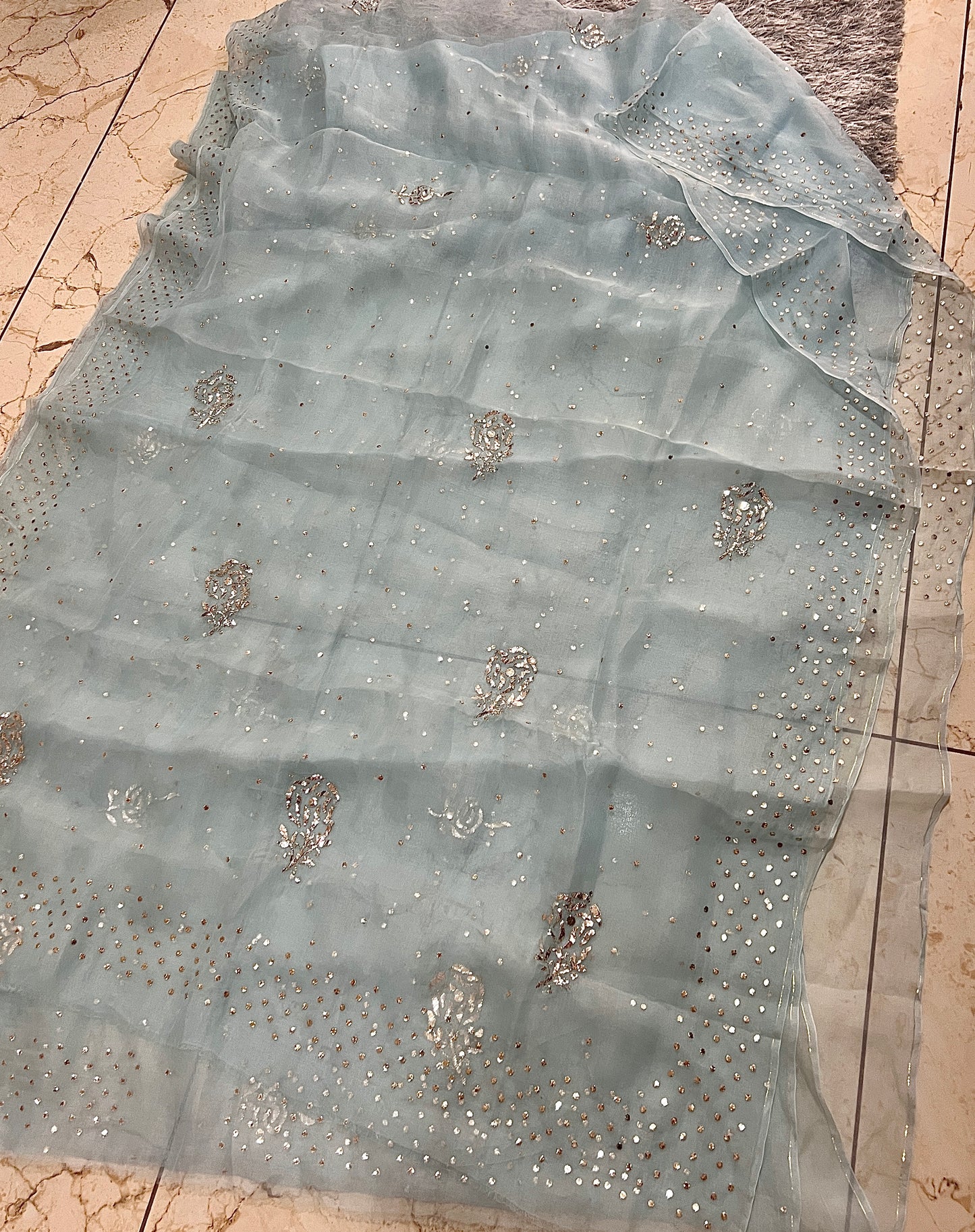 Breezy Blue Pure Organza Saree with Badla and Mukaish Work