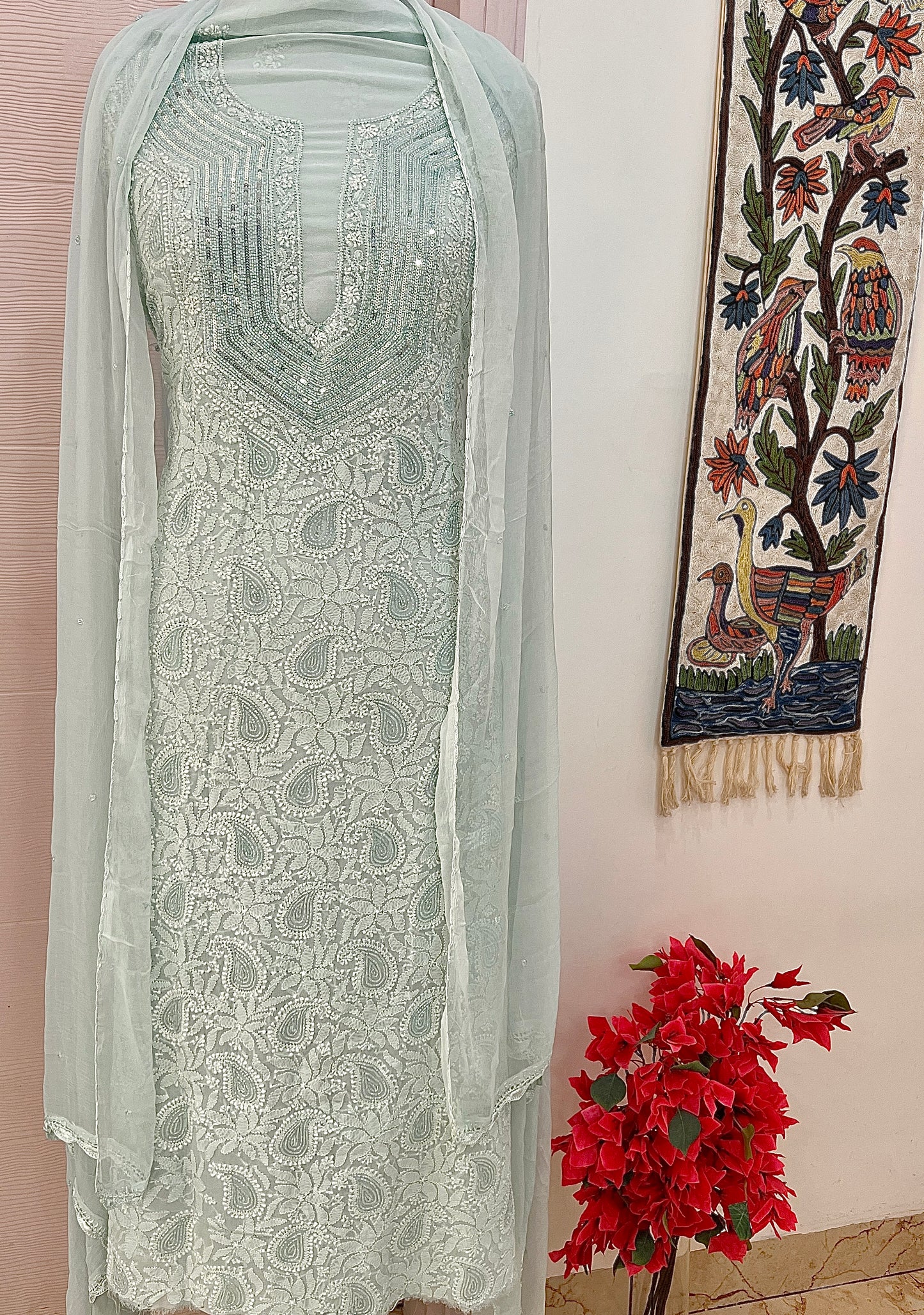 Powder Blue Chikankari Sequins and Cut Dana Kurta and Dupatta