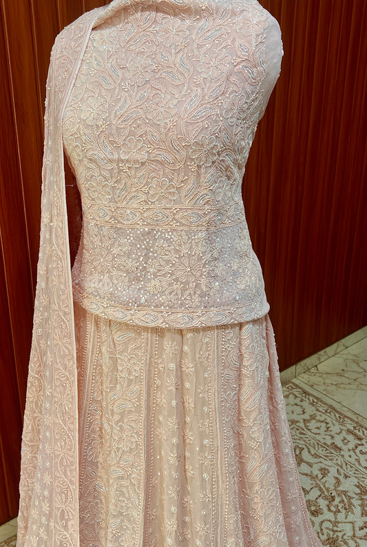 Ruhani Old Rose Chikankari Cut Dana Pearl Sequins Lehenga