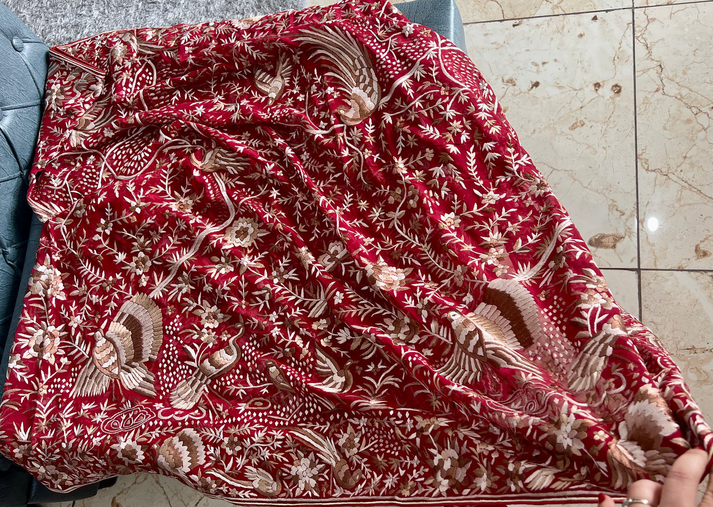 Deep Red Heritage Parsi Gara Dupatta Hand Embroidered