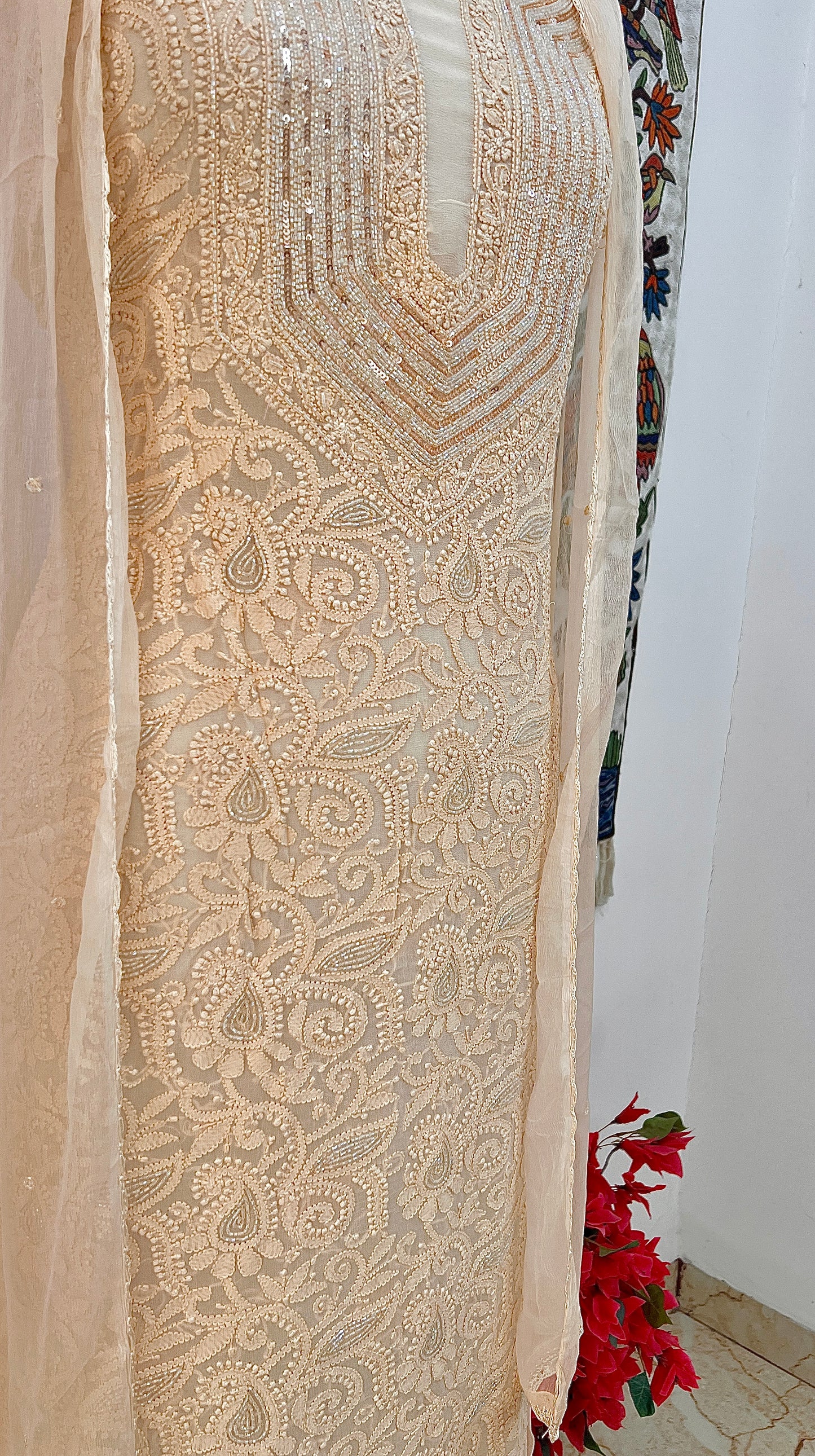 Golden Beige Chikankari Sequins and Cut Dana Kurta and Dupatta