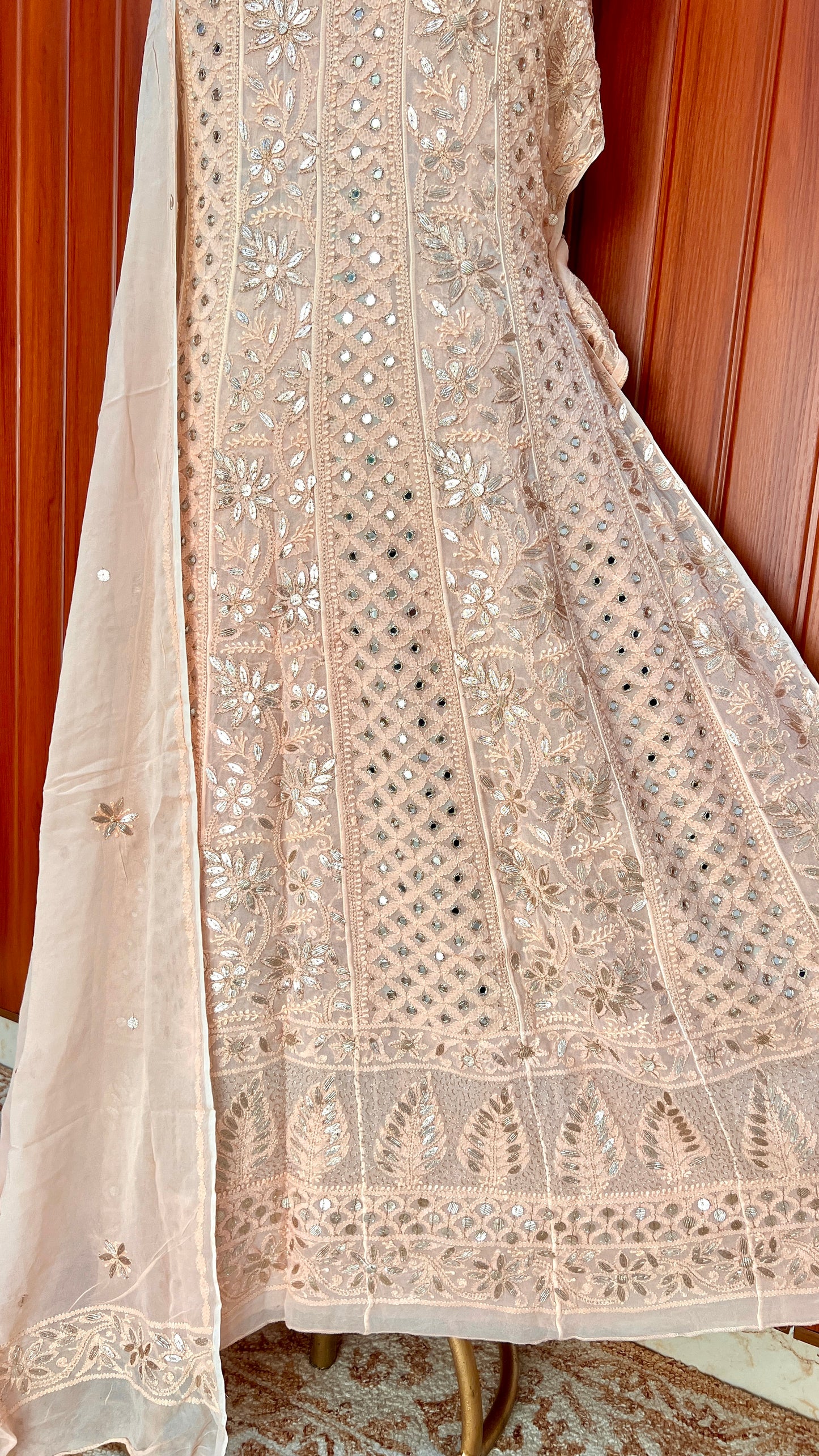 Golden Beige Chikankari Mirror Gota Patti Anarkali with Dupattae