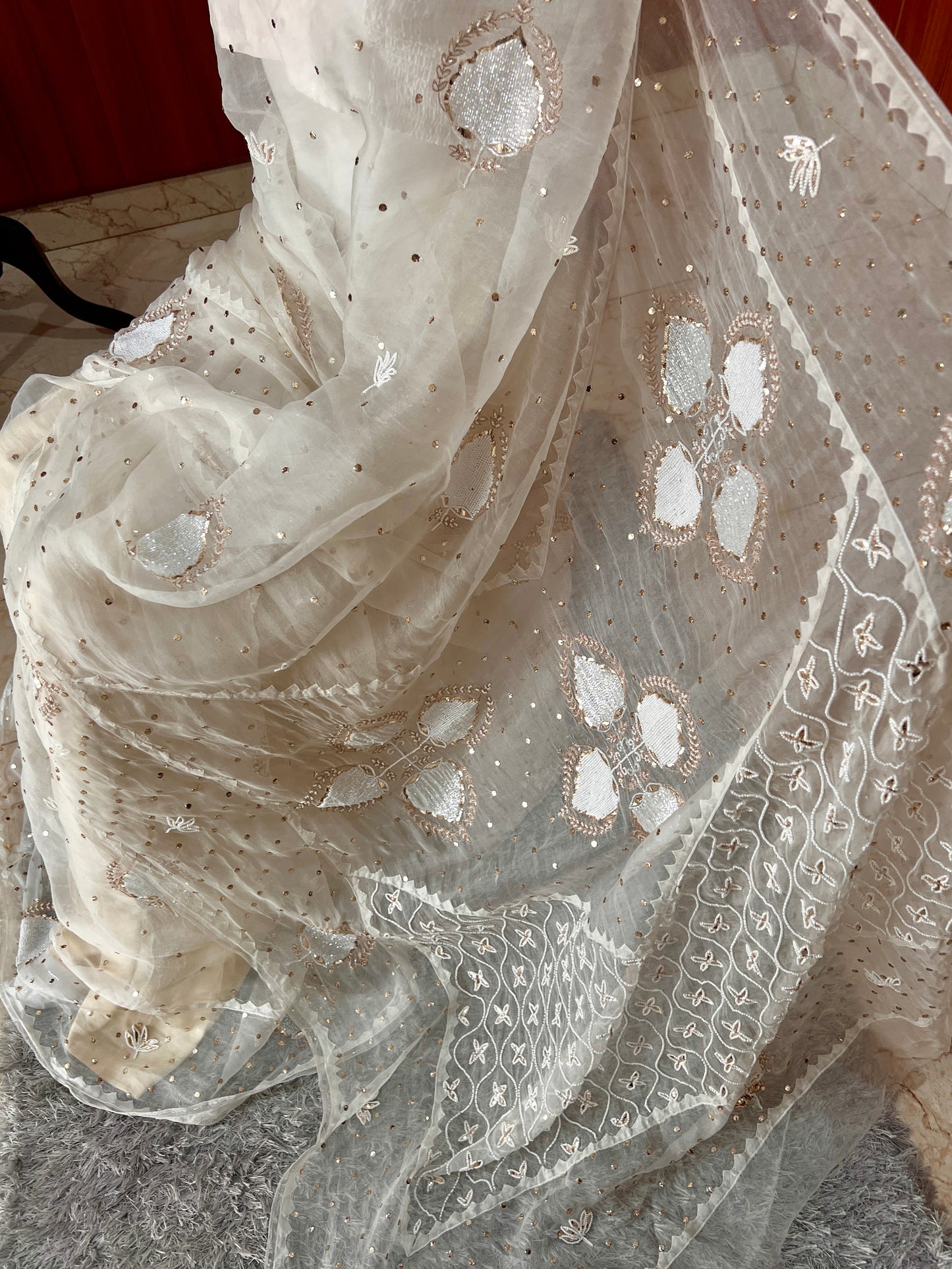 Ruhani Ivory Pure Organza Saree with pearl and Mukaish Work