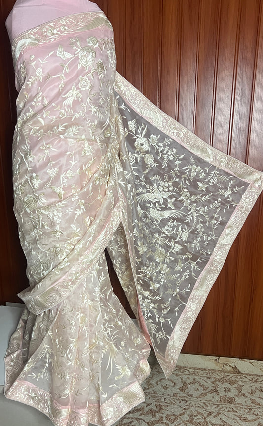 Light Pink Masterpiece Parsi Gara Hand Embroidered Pure Organza Saree