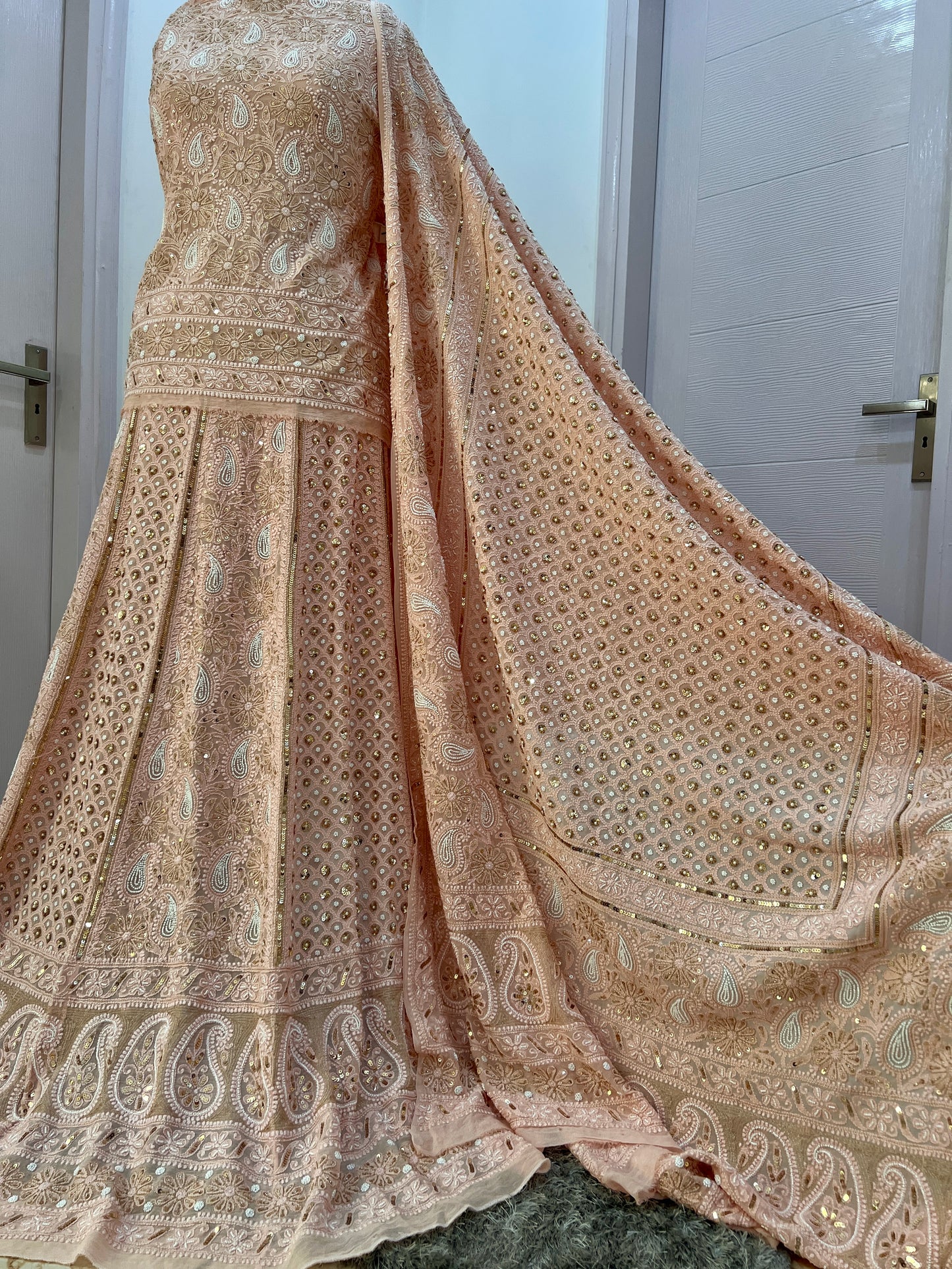 Ruhani Rose Gold Champagne Chikankari pearl and sequins wedding lehenga