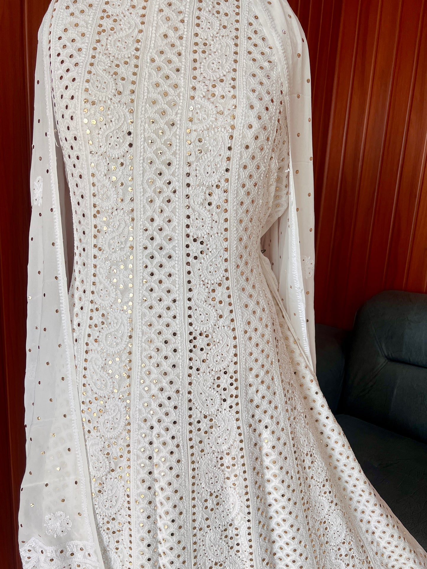 White allover Chikankari and mukaish anarkali with dupatta