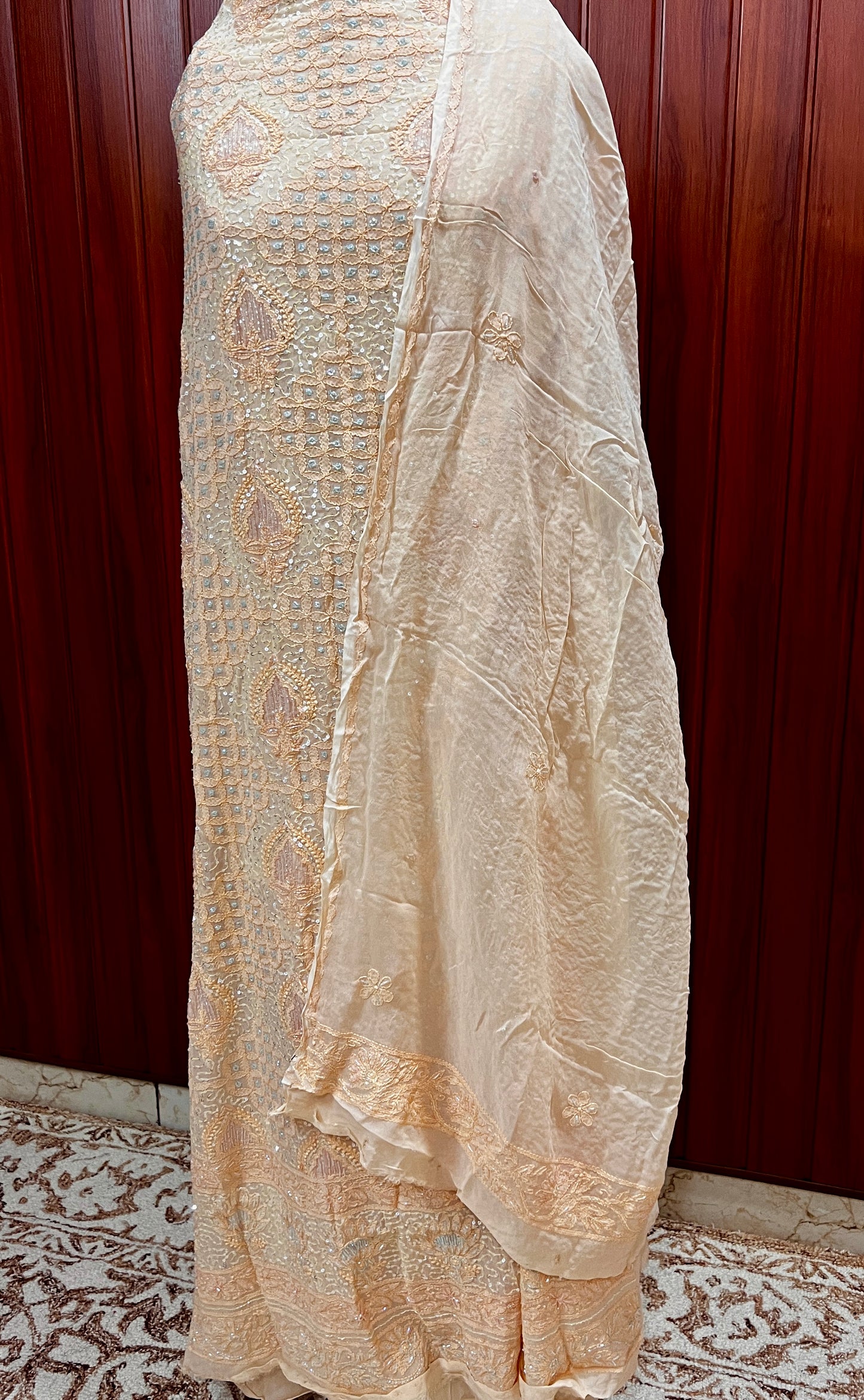 Peachish Orange Chikankari Cut Dana and sequins Kurta and Dupatta