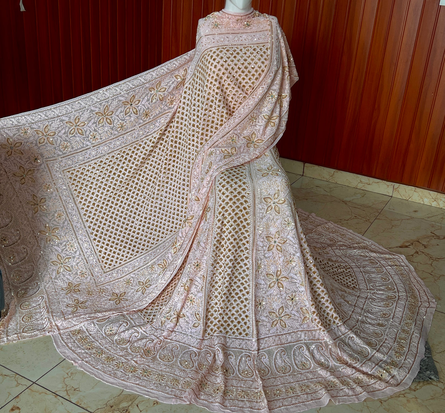 Masterpiece Ruhani Peachish Pink Chikankari Sequins Wedding Lehenga