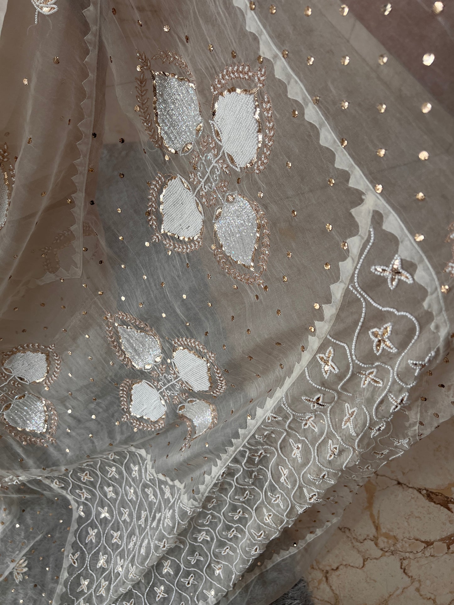 Ruhani Ivory Pure Organza Saree with pearl and Mukaish Work