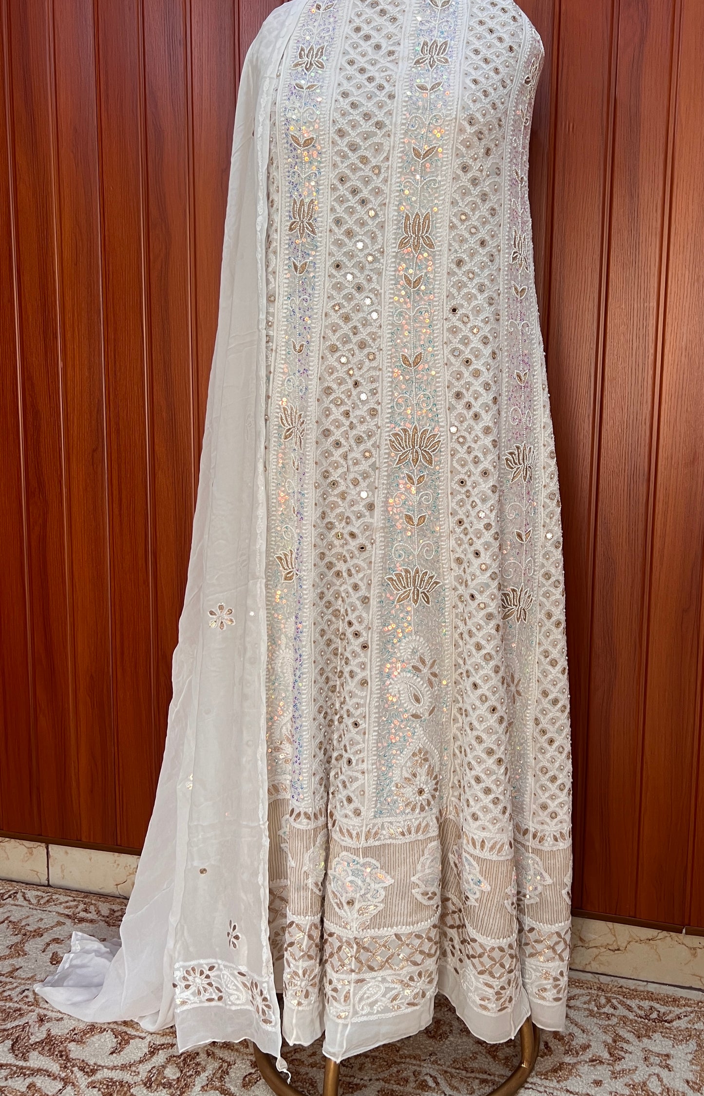 White Chikankari Mirror Pearl Sequins Anarkali with Dupatta