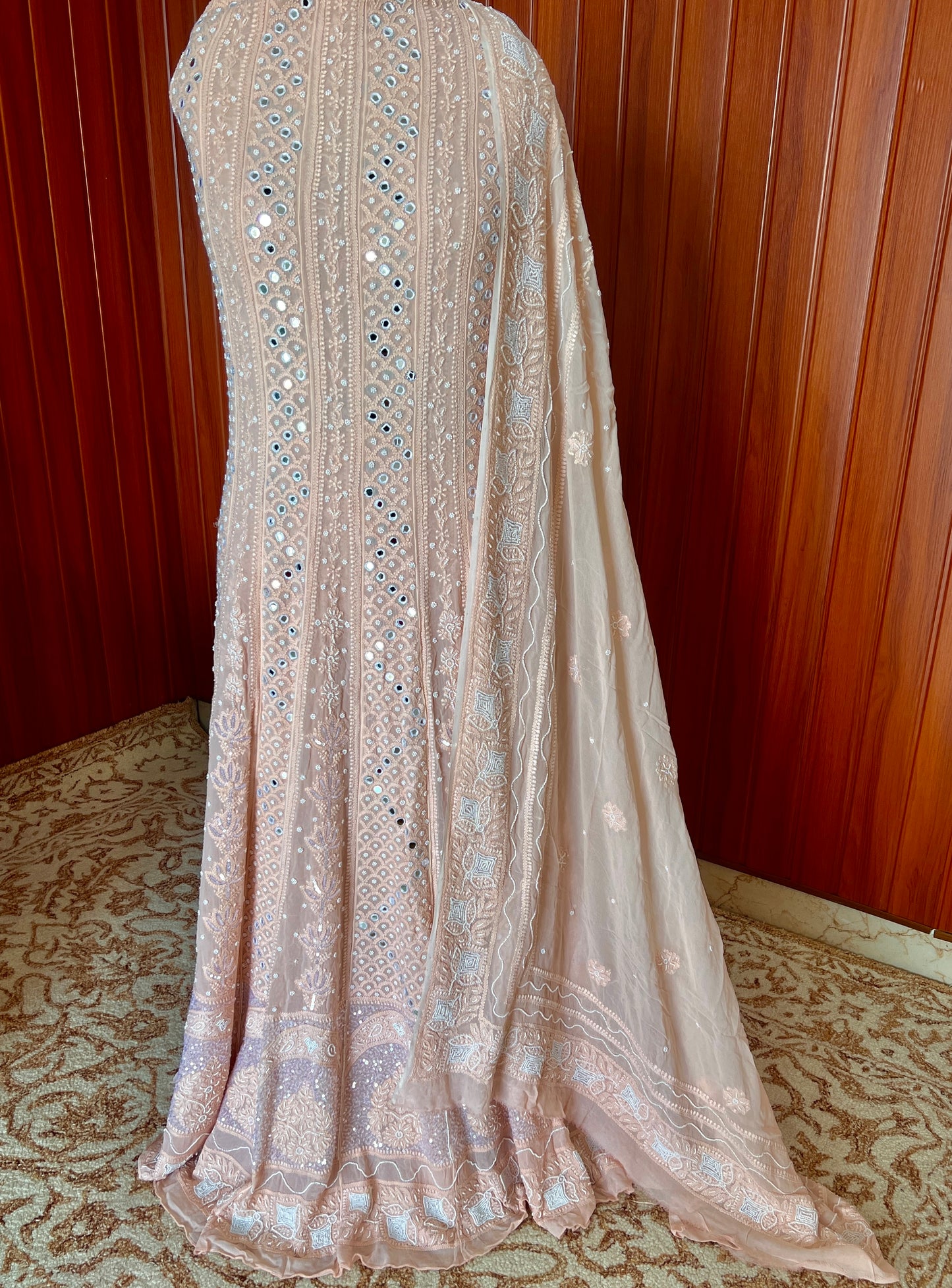 Ruhani Soft Peach fine Chikankari Mirror Pearl Sequins Anarkali