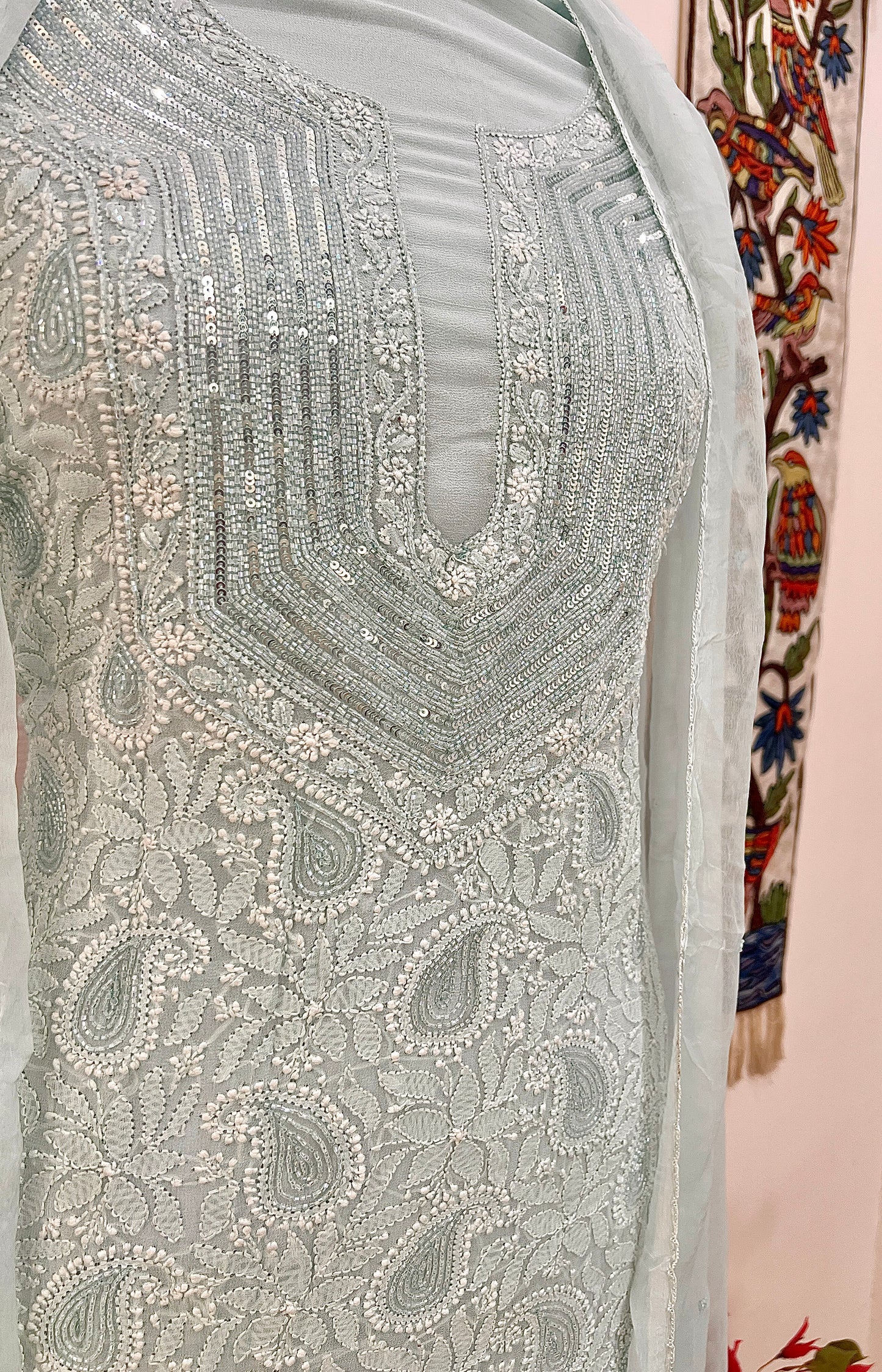 Powder Blue Chikankari Sequins and Cut Dana Kurta and Dupatta