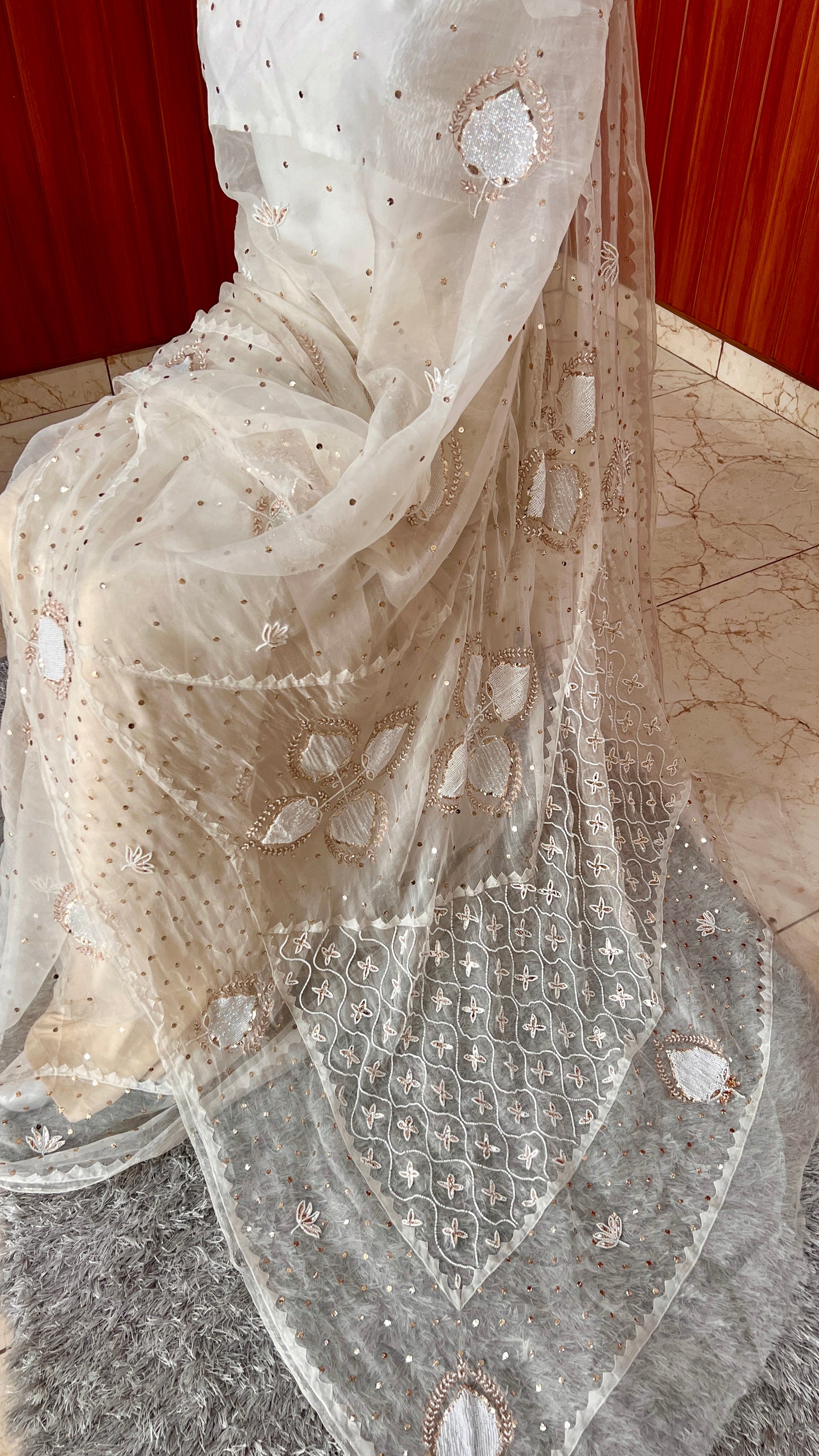 Ruhani Ivory Pure Organza Saree with pearl and Mukaish Work