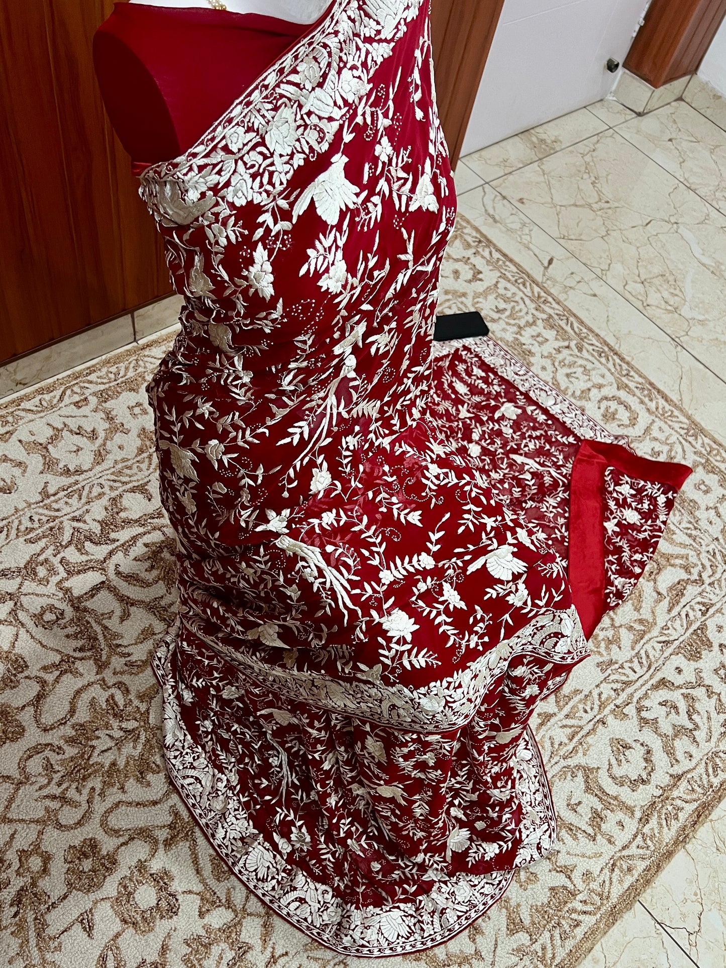 Deep Red Masterpiece Parsi Gara Hand Embroidered Saree