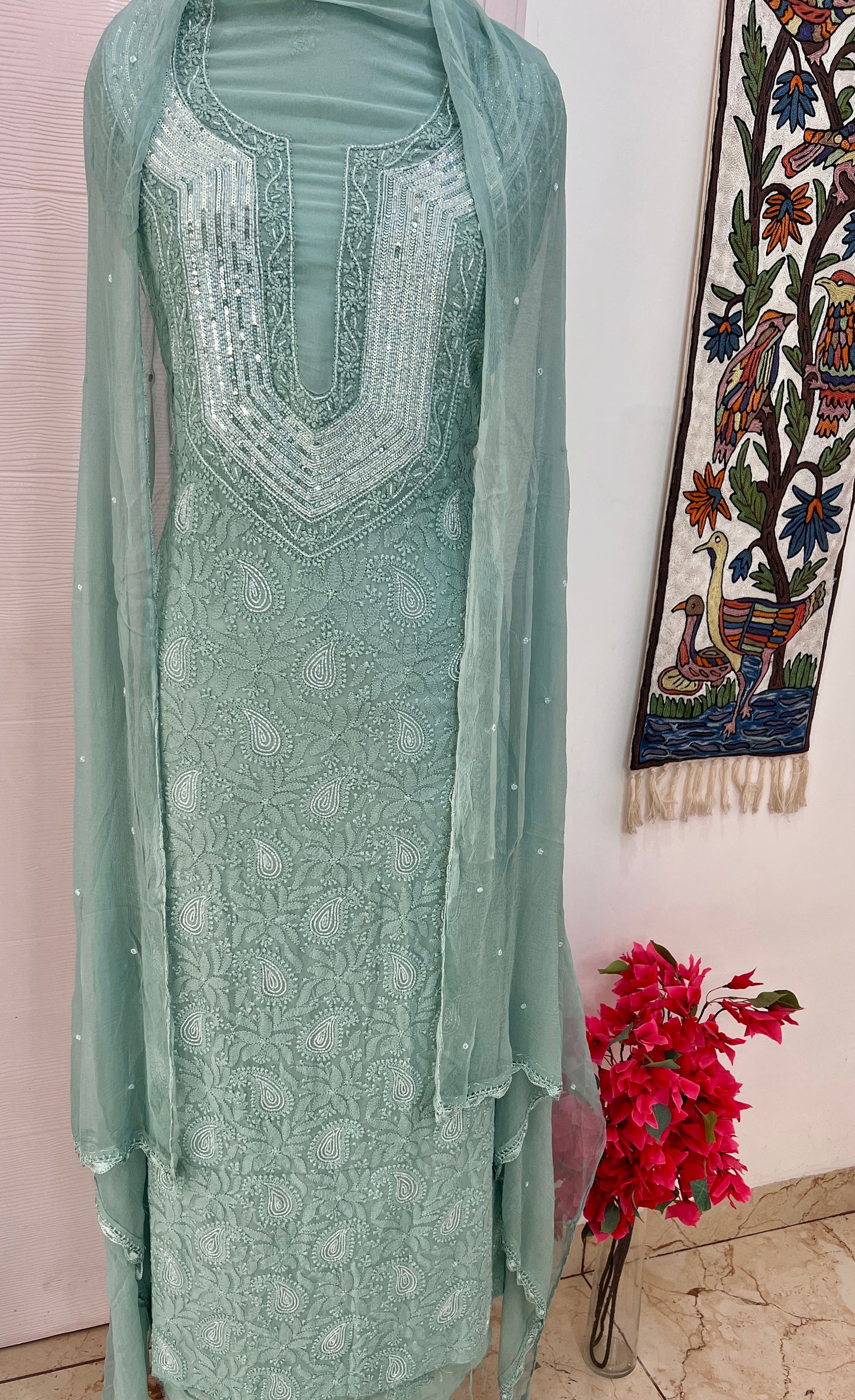 Ocean Blue Chikankari Sequins and Cut Dana Kurta and Dupatta