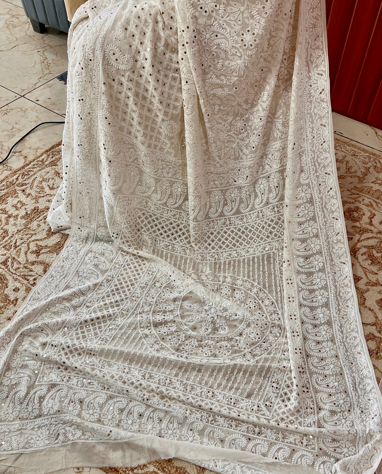 Ivory Ruhani Allover Chikankari and Mukaish Saree